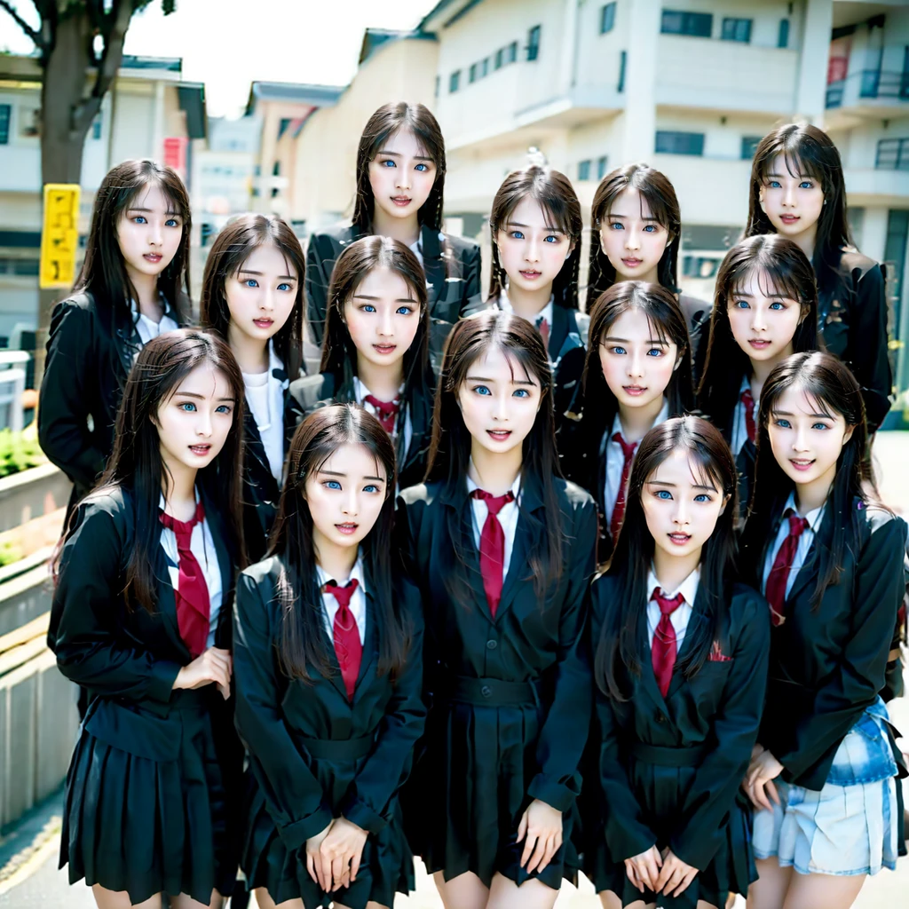 Raw photo、(((multiple girls))),((((6+girls)))),Women only、The same face、((matching school uniform))、12 years old、((A dark-haired)),Longhaire、レズビアンデート中のかわいい女子a junior high school student10人、a smile、In the street、selfee、same person、a junior high school student