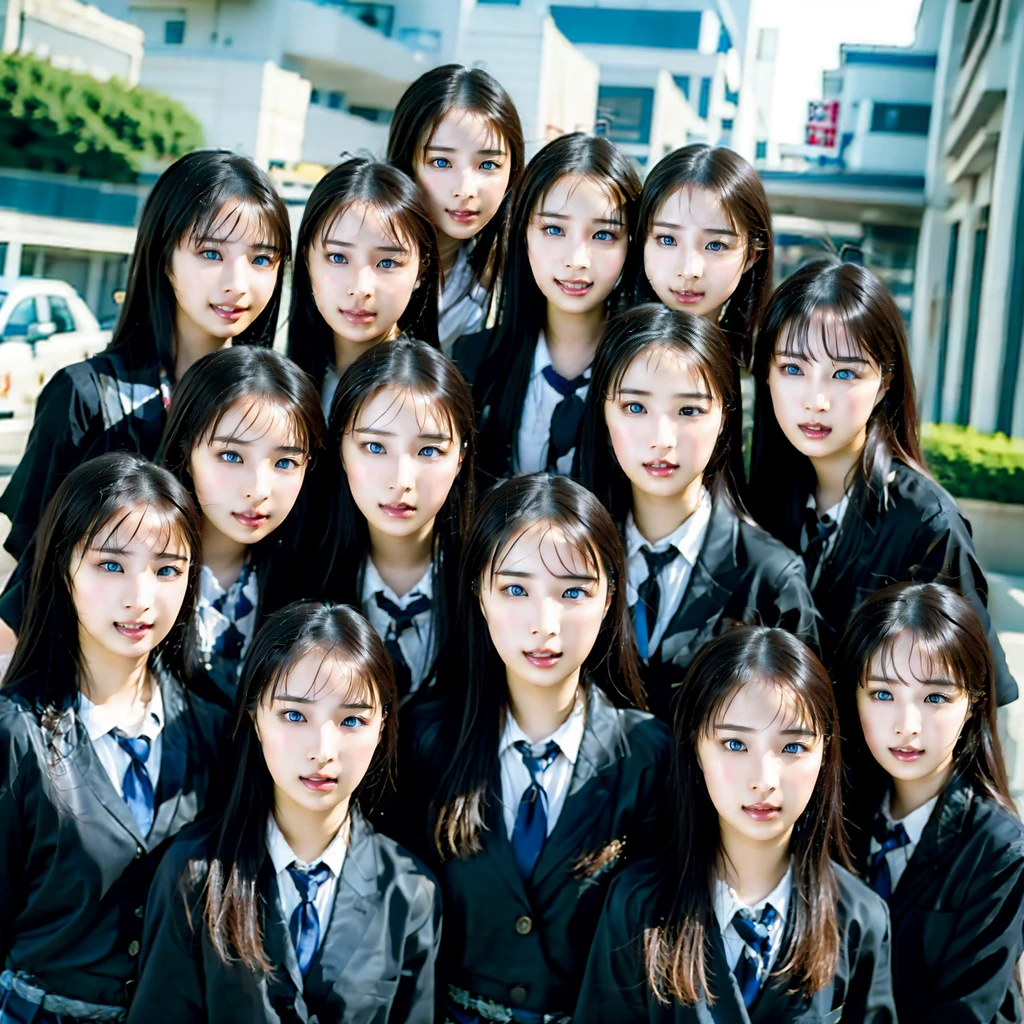 Raw photo、(((multiple girls))),((((6+girls)))),Women only、The same face、((matching school uniform))、、((A dark-haired)),Longhaire、レズビアンデート中のかわいい女子a junior high school student10人、a smile、In the street、selfee、same person、a junior high school student