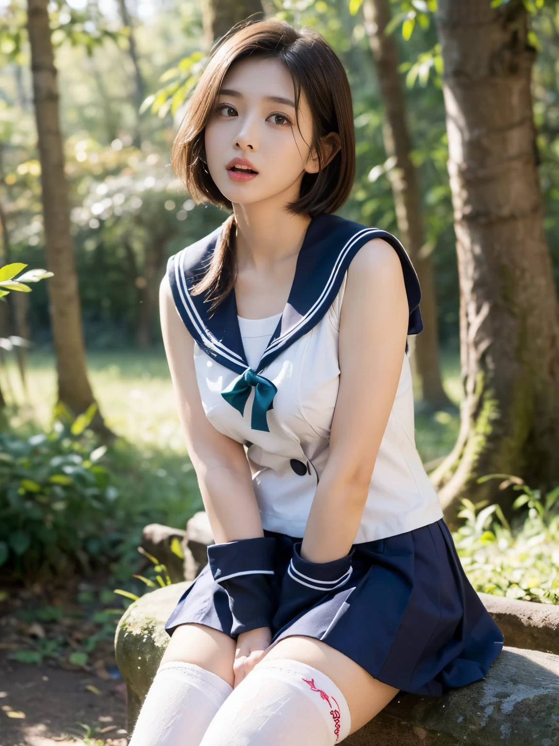 ((((top-quality))))、(((Ultra Precision CG16K Wallpapers)))、(((masterpiece)))、(((ultra-detailliert)))、(((Ultra-extreme details)))、1Man Woman、Underage women、-yeld wo、((Japanese face))、((extremely beautiful face))、((sasaki nozomi:1.5))、((Straight Short Bob Hair:1.3))、(shinny hair)、Bangs up to the eyebrows、Beautiful brown hair、Beautiful delicate eyes、Brown eyes、raised eyebrows、lofty nose、small nostrils、small mouth、seductive lips、slightly open mouth、Beautiful breasts、C-cup size breasts、cleavage of the breast、Plump body、perfectly proportions、perfect anatomia、perfect-composition、beautiful detailed shading、Beautiful natural lighting、Beautiful detail glow、depth of fields、(((a high chroma)))、(((realisitic:1.9)))、((Vivid:1.4))、((Beautiful skin))、((Skin texture))、((realisiticな皮膚感))、(((Head-to-thigh shot:1.5)))、((Frontal angle:1.5))、((Surprised face with open mouth:1.4))、(Eyes looking at me)、Bright sunshine、(((standing in the forest:1.3)))、(standing pose)、(((High school girl uniform clothes、Sailor suit wearing:1.5)))、(((wearing high socks:1.5)))、