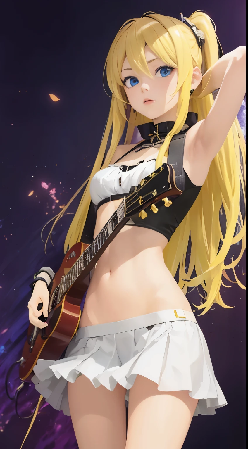 masterpiece, top quality 16k raw photo of Vocaloid3 Lily posing with guitar, blond hair blue eyes. navel look white skirt. hand behind her head.