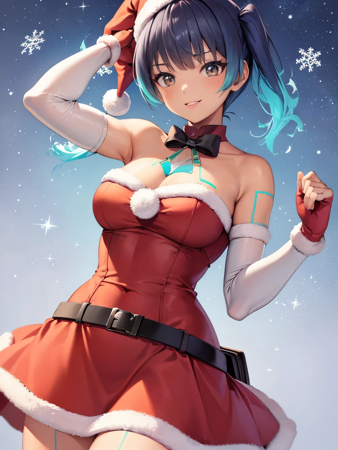 1girl, solo, masterpiece, best quality, high res, highly detailed, (illustration), beautiful detailed eyes,sena \(xenoblade\), glossy lips, makeup, smile, long white satin elbow gloves, cowboy shot, (santa), red santa dress, santa hat, strapless dress