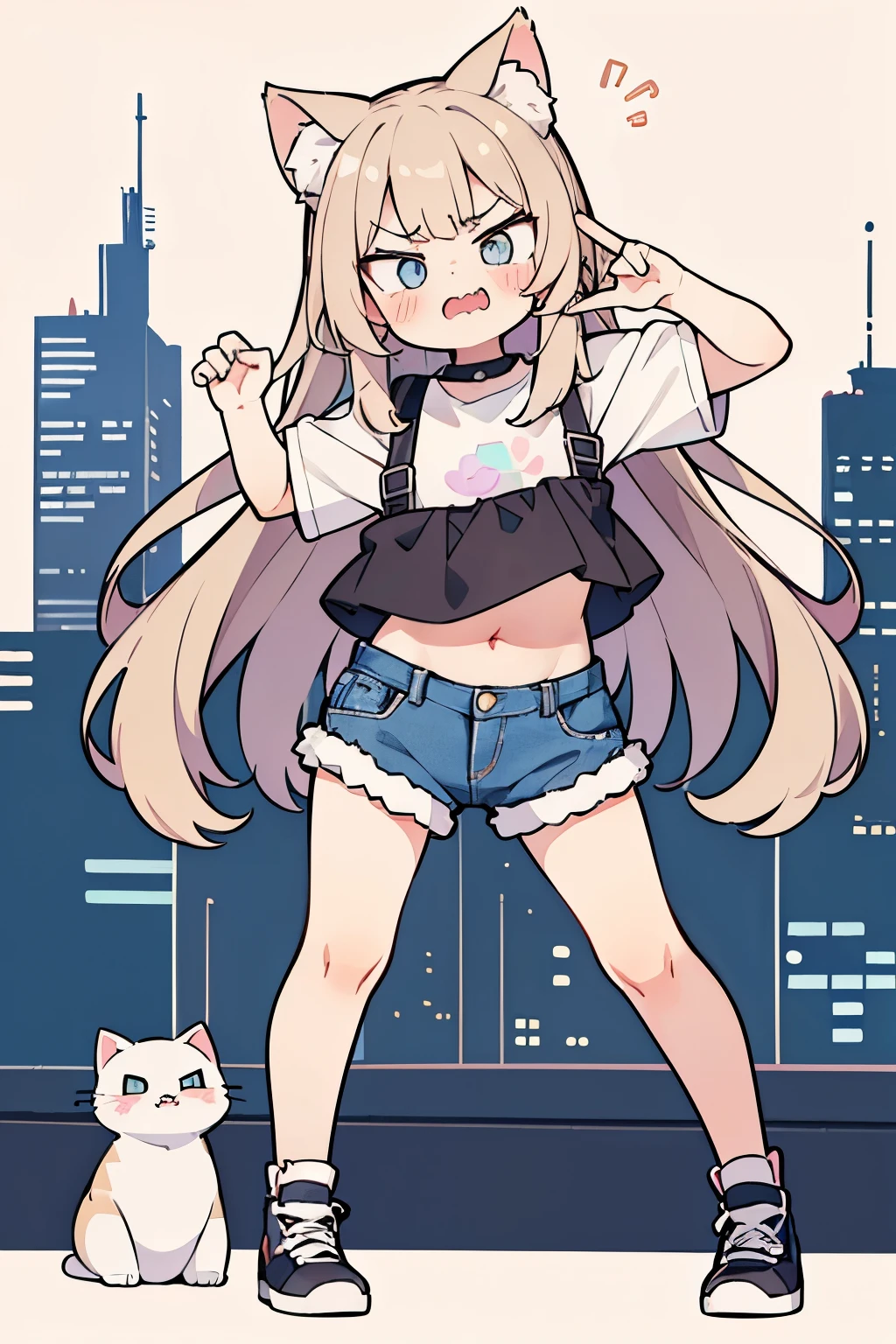 ((Masterpiece)), put on cat ear, fullbody,1 girl, (pastel color:1.5), white back ground, cute (child), sharp teeth, open mouth wide, (blush), ((scowl face)), ((Break-dance pose)), (Tattered crop top), denim shorts, pale brown hair, wavy long hair, cityscape