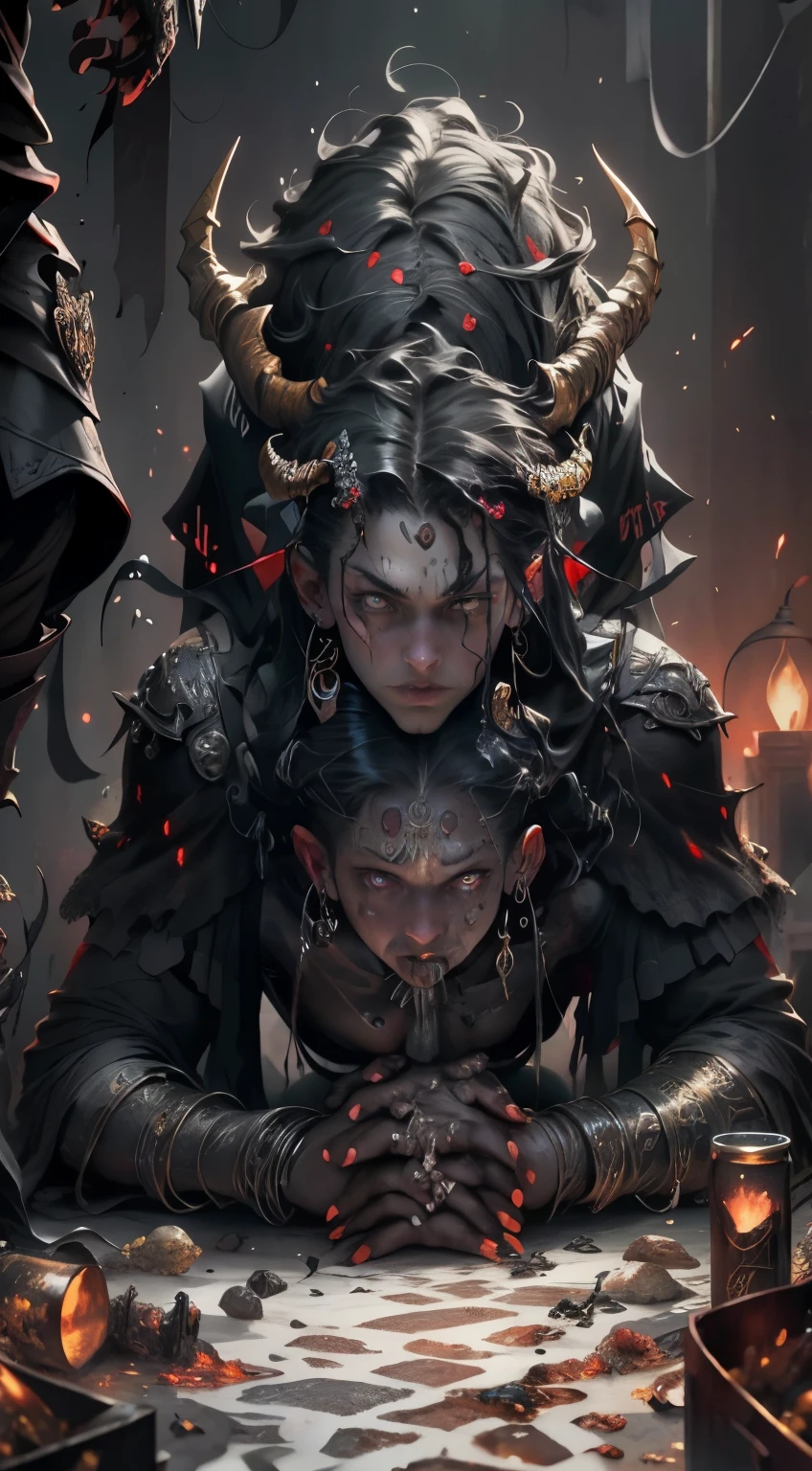 01_Clash of the Titans. Gods and demons in mortal combat. Battle scene. Demonic images: (skulls, octopus tentacles, horns, glowing eyes, strong body, protruding bones on a sinewy torso, belts, metal decorative elements, amulets, esoteric symbolism). Angels: (strong body of a man, smoothly shaved head, angel of light angle from the back, very strong body, textured back, anatomically correct proportions. Very beautifully built male body, fights with a terrible enemy, he is surrounded by demonic women, they play around, flirt, trying to interfere and harm, very beautiful female bodies, demonic images).
02_High Renaissance oil painting environment, Italian Renaissance masters; Titian, Veronese, Rubens, Boticelli. A gloomy picture of a battle between an angel warrior and demonic creatures. Luscious oil painting with broad strokes, high detail, pure white skin in the center of the composition, brutal seductive figures of demonic women. Dark monsters. Painting by Bosch, stories by Dante Aligheri, “Divine Hell-Paradise”, chronicles of vampires by Brian Lumley.
03_ High image quality, 4K | Ultra HD | Full HD, cinematic rendering, 3D visualization - a masterpiece, TOP computer graphics ART. Unreal 8K engine, motion capture, dark lighting, strong shading, warm shadows - cool backlight, high detail. (vivid, photorealistic, dramatic, dark, sharp focus, 8K). Highly detailed textures, materials, stone, metal, corpse decomposition, bones, skulls. (shades of gray, red, black, elements, metallic shine, red fire) Destroyed architecture floating in space - debris, stones, ruins, magical pentagrams, amulets, ornaments, cabalistic symbols. Film grain, dust and airborne particles.