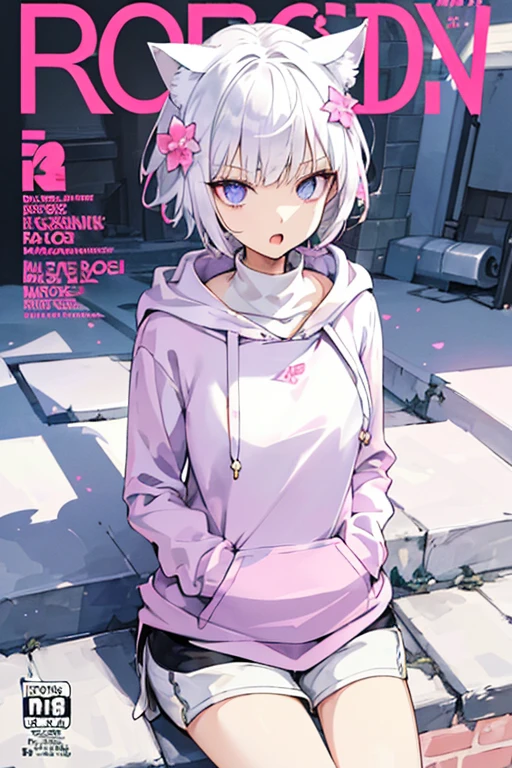 (( Cat ears, Short hair, Silver hair, White hair, purple aisle mile)( Open mouth))((( Petite girl),( Slender body)),))((( Wide-collar clothing))(( Turtleneck Hoodie))(( hands in the pocket))(( pink color clothes)))(( Shorts))(( Sitting,))(( Clearly drawn face))(( Beautiful detailed eyes, super detailed skin))(( Flower Garden, plein air))
BRAEK
(magazine:1.1), (cover-style:1.3), Fashionable, Vibrant, outfit, Posing, front, Colorful, Dynamic, Background, element in, which are full of confidence, expression,statement, accessory, An majestic, Scene, Text, cover, Bold, captures the attention, titles, Stylish, Font, Catchy, headline, Larger, striking, Modern, Trendy, Focus, Fashion,