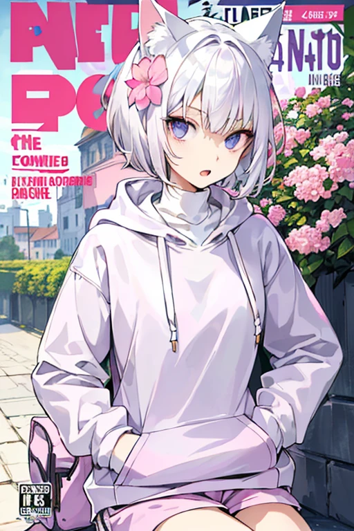 (( Cat ears, Short hair, Silver hair, White hair, purple aisle mile)( Open mouth))((( Petite girl),( Slender body)),))((( Wide-collar clothing))(( Turtleneck Hoodie))(( hands in the pocket))(( pink color clothes)))(( Shorts))(( Sitting,))(( Clearly drawn face))(( Beautiful detailed eyes, super detailed skin))(( Flower Garden, plein air))
BRAEK
(magazine:1.1), (cover-style:1.3), Fashionable, Vibrant, outfit, Posing, front, Colorful, Dynamic, Background, element in, which are full of confidence, expression,statement, accessory, An majestic, Scene, Text, cover, Bold, captures the attention, titles, Stylish, Font, Catchy, headline, Larger, striking, Modern, Trendy, Focus, Fashion,