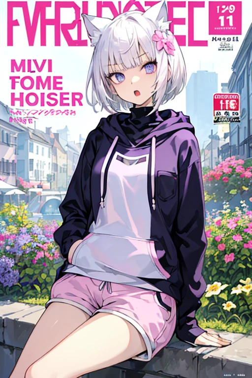 (( Cat ears, Short hair, Silver hair, White hair, purple aisle mile)( Open mouth))((( Petite girl),( Slender body)),))((( Wide-collar clothing))(( Turtleneck Hoodie))(( hands in the pocket))(( pink color clothes)))(( Shorts))(( Sitting,))(( Clearly drawn face))(( Beautiful detailed eyes, super detailed skin))(( Flower Garden, plein air))
BRAEK
(magazine:1.1), (cover-style:1.3), Fashionable, Vibrant, outfit, Posing, front, Colorful, Dynamic, Background, element in, which are full of confidence, expression,statement, accessory, An majestic, Scene, Text, cover, Bold, captures the attention, titles, Stylish, Font, Catchy, headline, Larger, striking, Modern, Trendy, Focus, Fashion,