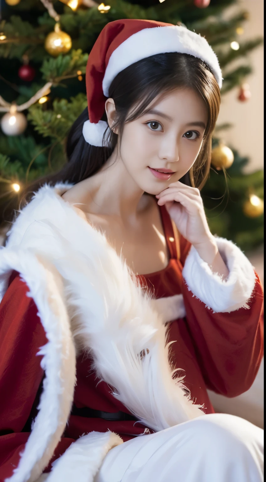 beautfull Japanease woman,((white santa claus costume:1.5)),white Christmas,(Christmas tree),Christmas atmosphere,Black hair,Photorealsitic,surrealism, F/1.2, 35 mm, Fuji Film, 8K, Super Detail, nffsw, masutepiece, ccurate, Anatomically correct, Textured skin, Super Detail, high details, High quality, Best Quality, hight resolution