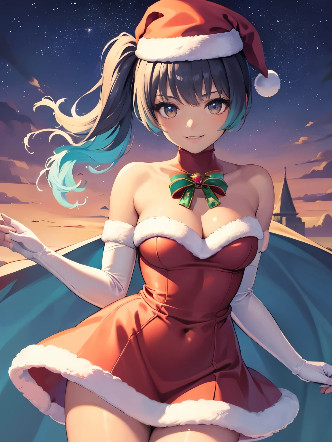1girl, solo, masterpiece, best quality, high res, highly detailed, (illustration), beautiful detailed eyes,sena \(xenoblade\), glossy lips, makeup, smile, long white satin elbow gloves, cowboy shot, (santa), red santa dress, santa hat, strapless dress