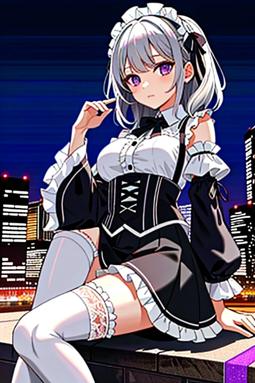 (masterpiece), best quality, high resolution, extremely detailed, detailed background, cinematic lighting, outdoor, 1girl, medium hair, silver hair, crossed bangs, purple eyes, medium breasts, white shirt, black dress, drastic hair ornaments, skirt, frills, lace rims, frilled sleeves, frilled skirt, thighhigh, ankle boots, looking at viewer,