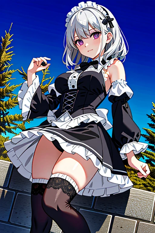 (masterpiece), best quality, high resolution, extremely detailed, detailed background, cinematic lighting, outdoor, 1girl, medium hair, silver hair, crossed bangs, purple eyes, medium breasts, white shirt, black dress, drastic hair ornaments, skirt, frills, lace rims, frilled sleeves, frilled skirt, thighhigh, ankle boots, looking at viewer,