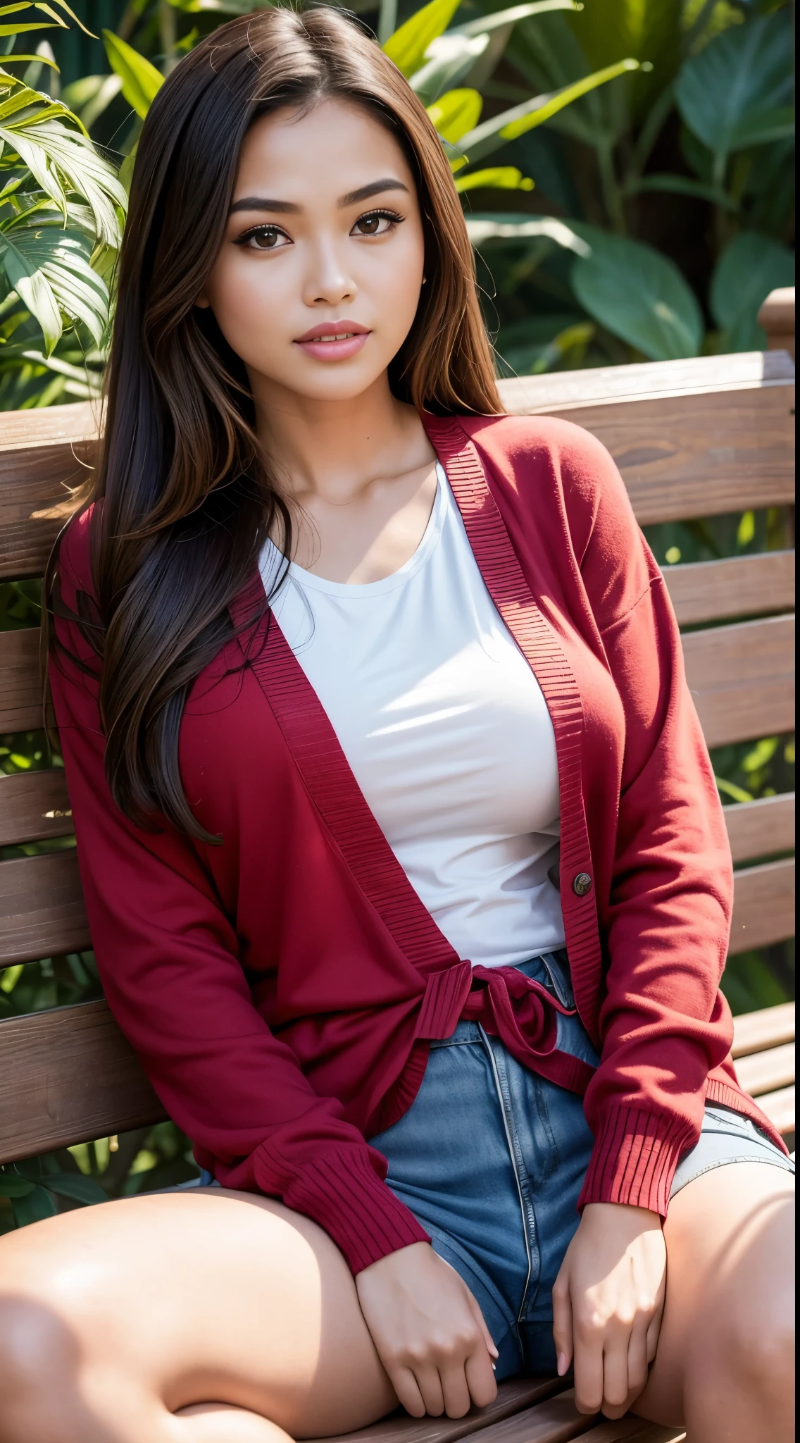 RAW, Best quality, high resolution, masterpiece: 1.3), beautiful Malay woman,Masterpiece, perfect fit body, big breast, big gorgeous eyes, Soft smile, brown long hair,thick thighs, long hair, beutifull face, woman sitting on a bench next to a bambo plant, wearing (Cardigan, red T-shirt large floral motif:1.2),Excellent lighting, Bright colors, Clean lines