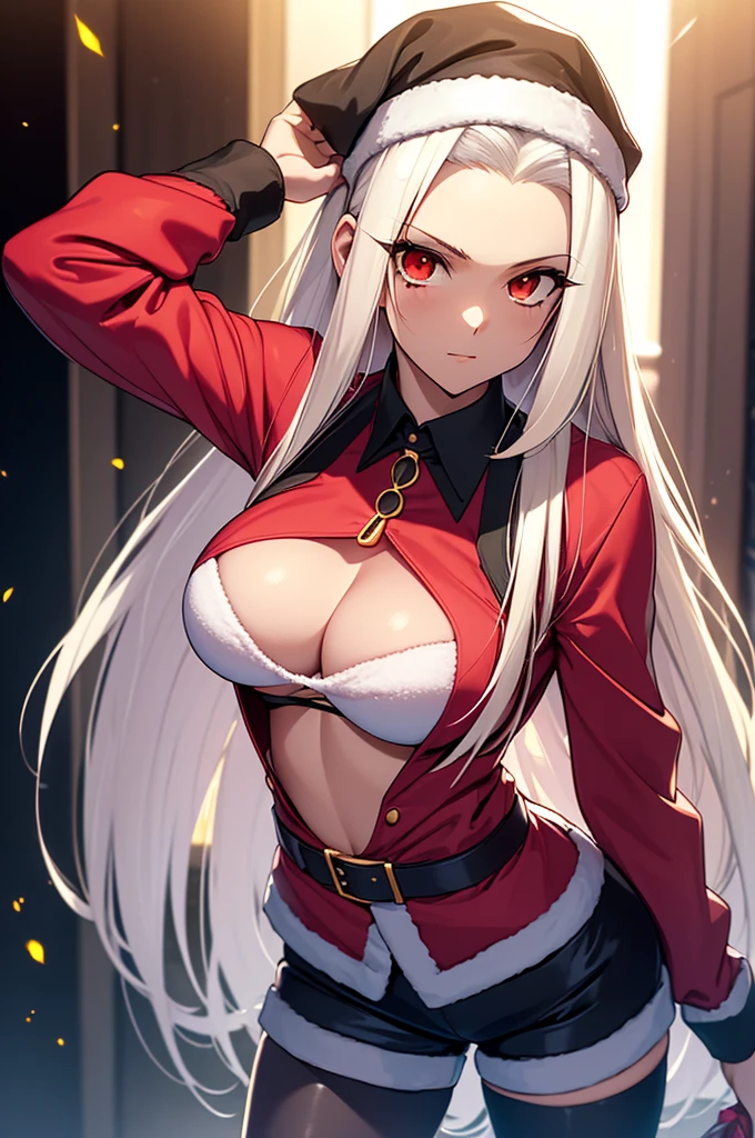gran calidad ++ Extremely detailed high resolution, very aesthetic, ojos expresivos, (((Cara perfecta))), (((face symmetrical))), ((good anatomy)), (((manos perfectas))), (((8k))), UHD, Fondo de pantalla HD, (((alta calidra detallada, (((1girl))), (((Irisviel von Einzbern))), (((Milficación))), (((hembra maduchos gigantescos))), (((hombros estrechos))), (((pechos grandes))), (((cintura estrecha))), (((usando un atuendo de Santa Claus con+sosteniendo una bolsa de regalo))), Dedos detallados, Dedos precisos, Manos no antinaturales, strange eye, ojos rojos, escote, colas gemelas de pelo negro,