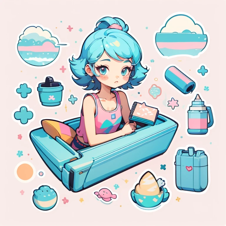 1 a sticker, handbook, (a sticker, stylish girl, Model, Pink Top, Cool tide), light Background,  Background, Minimal, Cute, Tiny, pastel color, Vector style, no gradien,