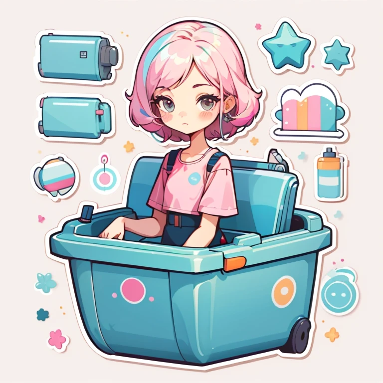 1 a sticker, handbook, (a sticker, stylish girl, Model, Pink Top, Cool tide), light Background,  Background, Minimal, Cute, Tiny, pastel color, Vector style, no gradien,