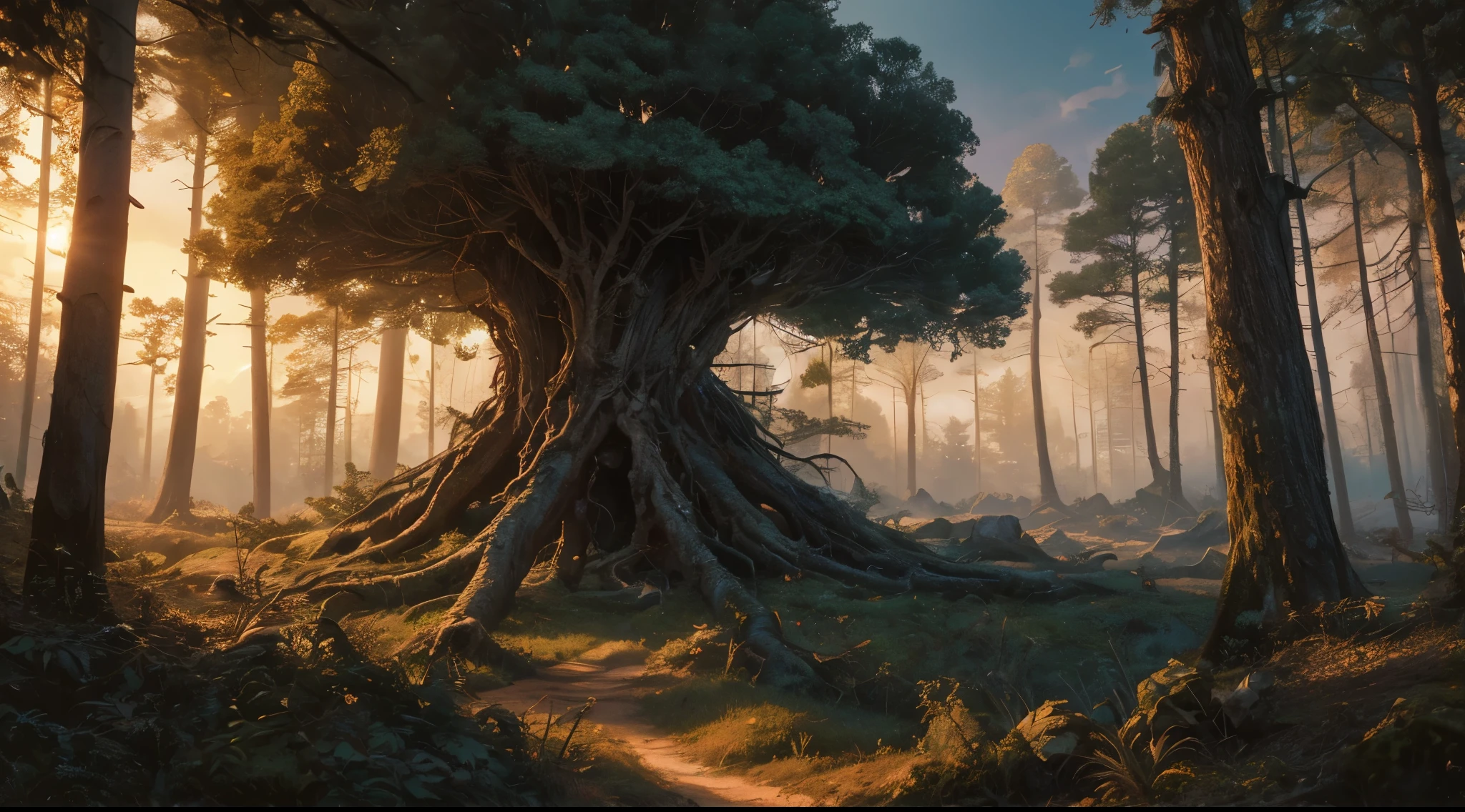 incredibly beautiful sunset in an ancient mysterious forest, unprecedented creatures are hiding among the forest, ultra-detailed, surrealism, dark botany, fantasy, high quality, ultra-detailed, hyperrealism, 8k, full hd