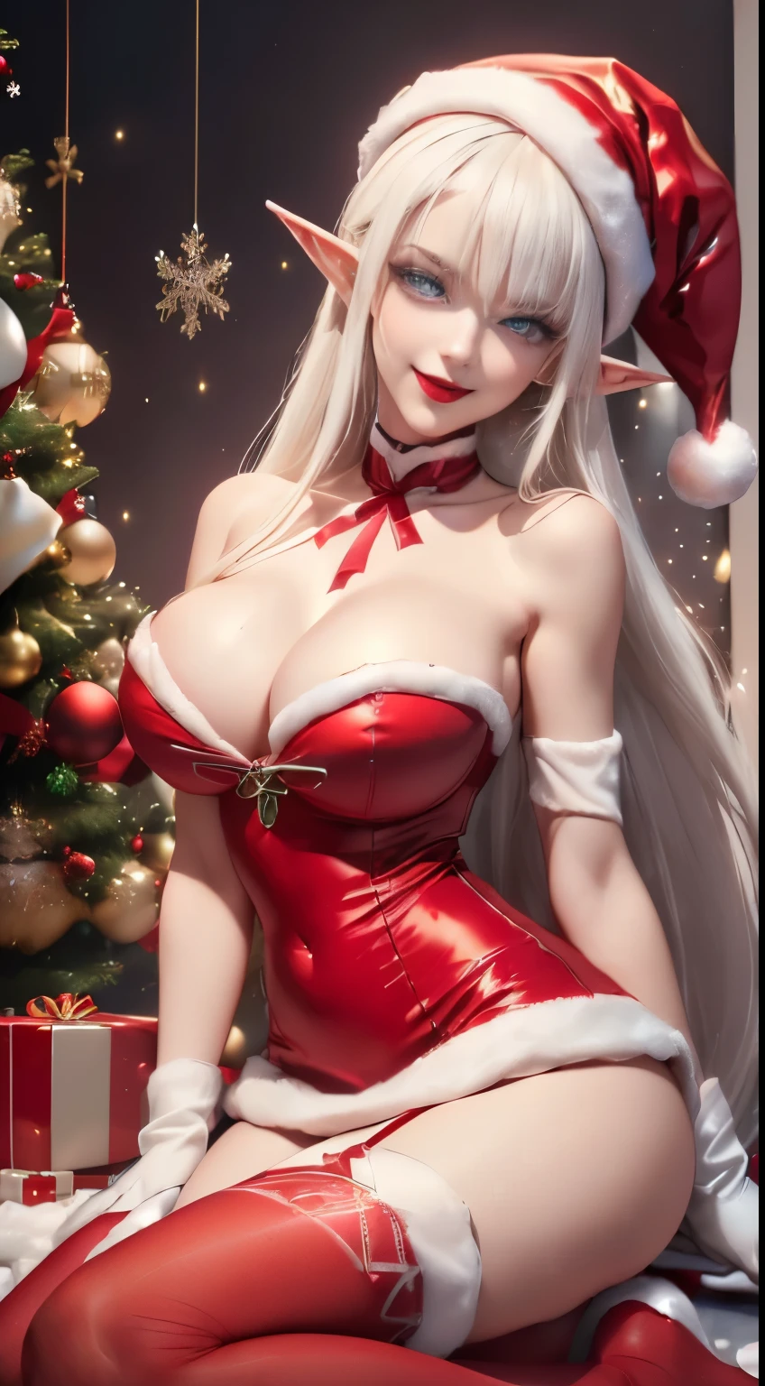 ((she gives me a gift)) ((sit on floor alongside christmas tree without underwear)) ((tall beautiful female elf santa claus helper)) ((Big bright blue eyes)), ((elf ears)) ((dark eyeshadows make up)) ((bright red lipstick)), ((joy wide smile)) ((very long platinum blonde hair with bangs covering one eye)) ((huge beauty shape breasts:1.6)) ((perfect slender body:1.3)) ((wears red strappless christmas dress short skirt, gloves and long socks)) ((choker, christmas hat)) ((sexy pose)) ((inside photo studio with lights reflectors on her)) ((christmas decoration, many gift box on display)), ((high definition:1.5), ((amazing lights and shadows)) ((masterpiece:1.5))((8k:1.5)) ((Best quality:1.4))