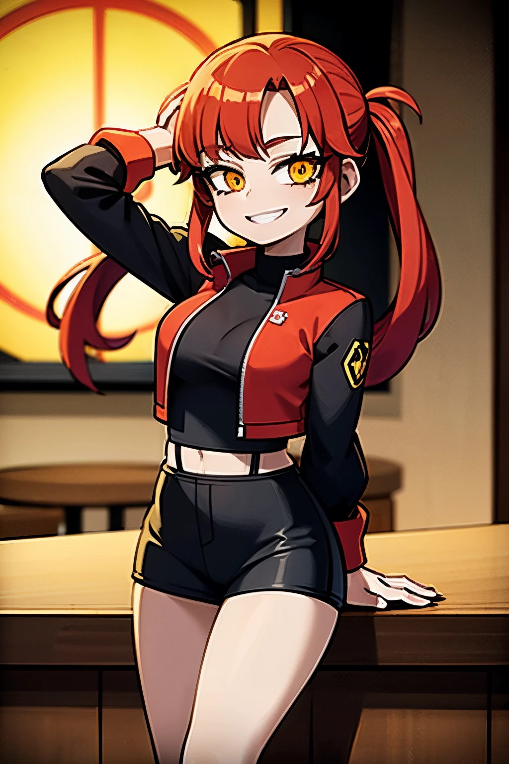 Anime girl with red hair and black outfit posing in front of a bar ...