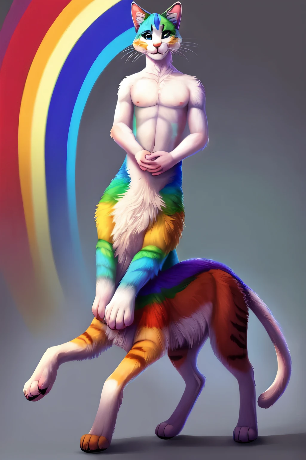 (masterpiece), best quality, expressive eyes, (perfect face), (((taur))), (male), feminine, ((feline)), (((one character))), (rainbow fur), (fluffy), fullbody