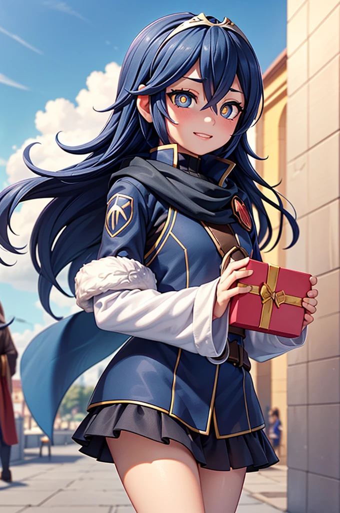 gran calidad ++ Extremely detailed high resolution, very aesthetic, ojos expresivos, (((Cara perfecta))), (((face symmetrical))), ((good anatomy)), (((manos perfectas))), (((8k))), UHD, Fondo de pantalla HD, (((alta calidra detallada, (((1girl))), (((Lucina))), (((symbol-shaped pupils))), (((tiara))), (((long sleeves))), (((cuffelt))), (((fingerless gloveulll body))), (((blue sky))), (((clouds))), (((smile))), (((Milficación))), (((hembra maduchos gigantescos))), (((hombros estrechos))), (((pechos grandes))), (((cintura estrecha))), (((usando un atuendo de Santa Claus con+sosteniendo una bolsa de regalo))), Dedos detallados, Dedos precisos, Manos no antinaturales, strange eye, ojos rojos, escote, colas gemelas de pelo negro,