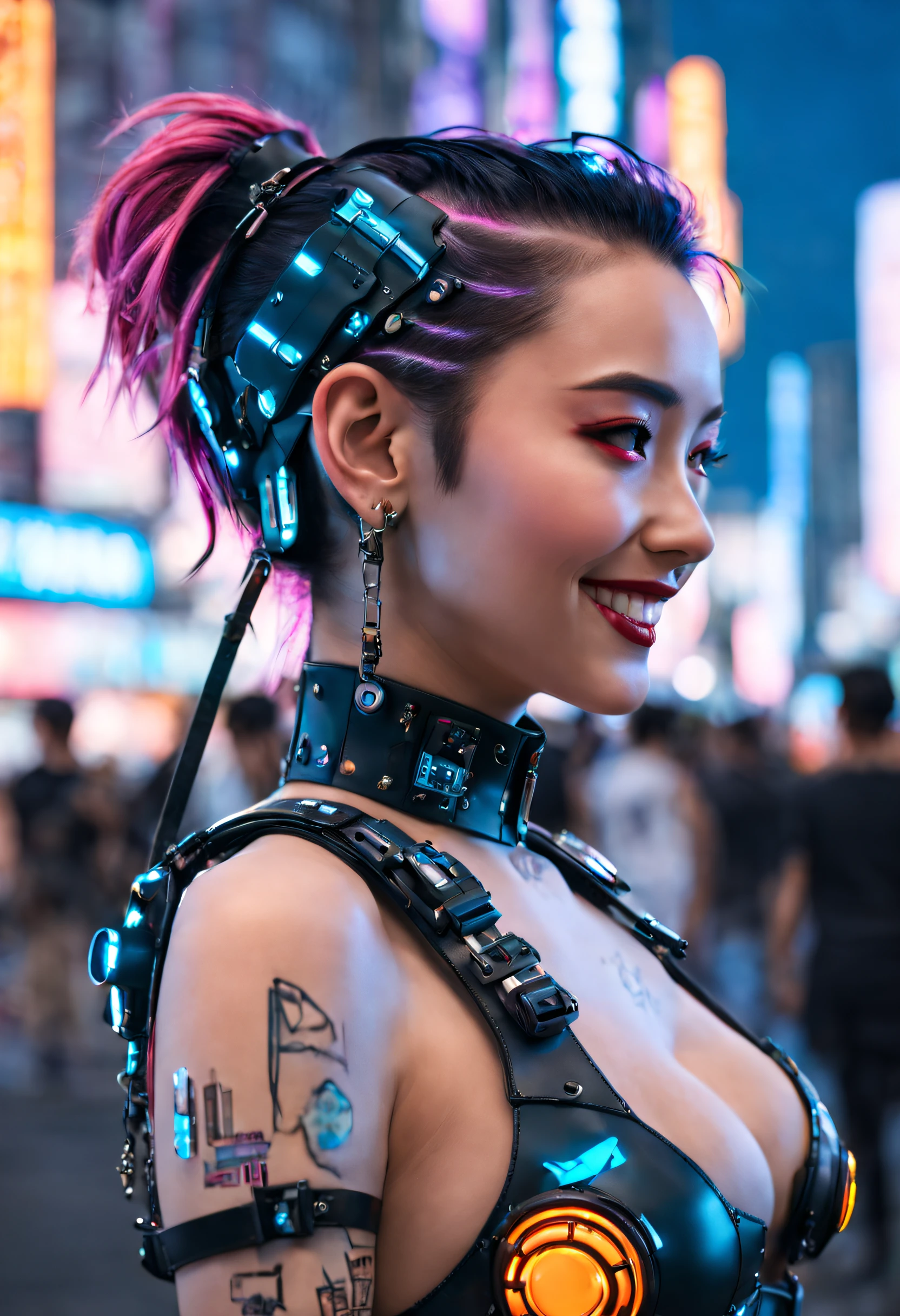 masterpiece, best quality, ((smiling)) cyberpunk girls standing, side view, Harajuku-inspired cyberpunk body harness, bold colors and patterns, eye-catching accessories, trendy and innovative hairstyle, dazzling Cyberpunk cityscape, skyscrapers, glowing neon signs, LED lights, anime illustration, detailed skin texture, detailed cloth texture, beautiful detailed face, intricate details, ultra detailed, cinematic lighting, strong contrast. INFO