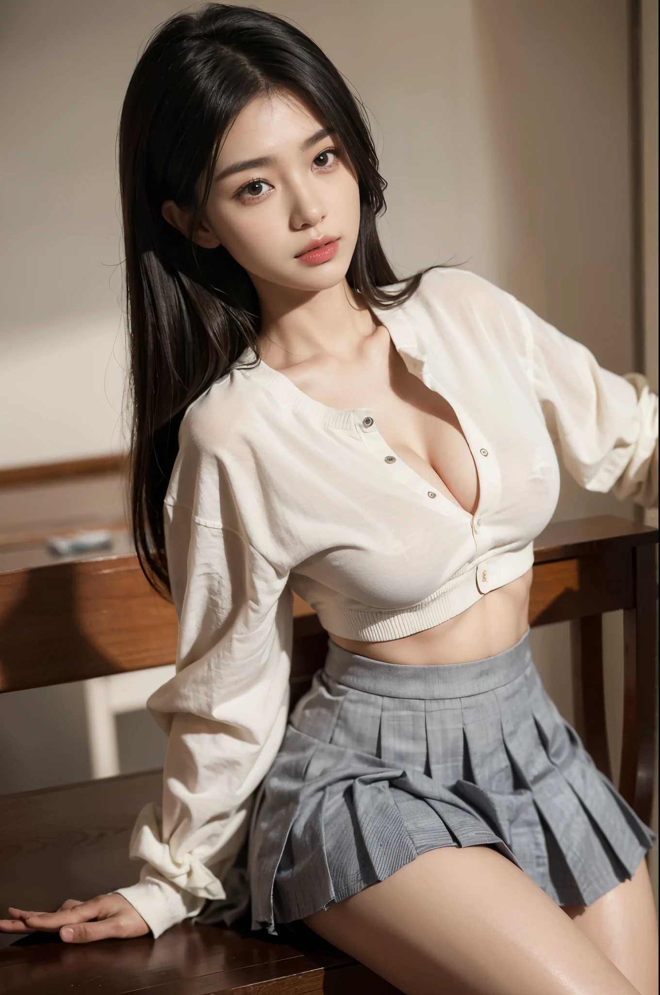 (1girl in),(Hypnotized:1.2),8K,RAW portrait of japanese girl,超A high resolution,Best Quality, BREAK (Undressing with hypnosis:1.3),Round eyes, Half-opening, Confused face, cheek, A lot of depth,(School uniform,Unbuttoned collared shirt, No bra, artistic sheer nipple, Pleated skirt,Short socks), random breast, From below, BREAK (Natural Skin Texture,Detailed skin, Hyper-Realism,ultra sharpness),Intricate details,High resolution, Natural lighting,
