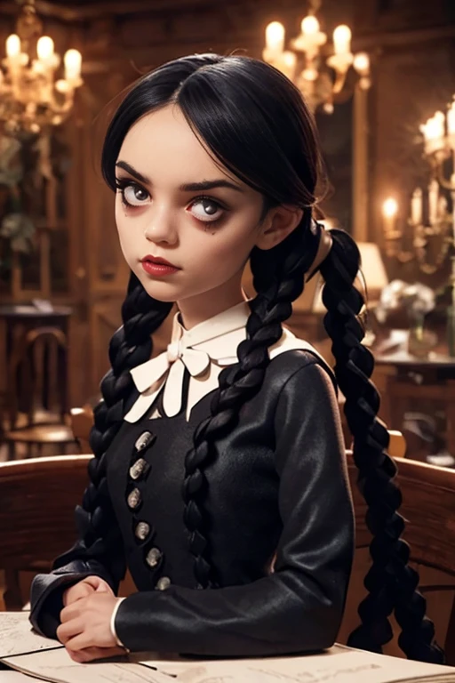 creepy wednesday addams,illustartion,gotik,spooky,black and white,vintage,Dark atmosphere,詳細な目,detailed lips,pale skin,expressive eyebrows,haunting,An old mansion,creepy dolls,cracked porcelain,Victorian Fashion,loose braids,A sinister backstory,stormy weather,candlelight,Dark corners,haunted staircase,macabre,Retro,moody lighting,Thunder and lightning,web,attic,antique furnitures,intricate lace,soft focus,vintage portrait,captivating gaze,thin smile,Premonition of Presence,creepy innocence,hint of darkness,Sepia tones,gloomy atmosphere