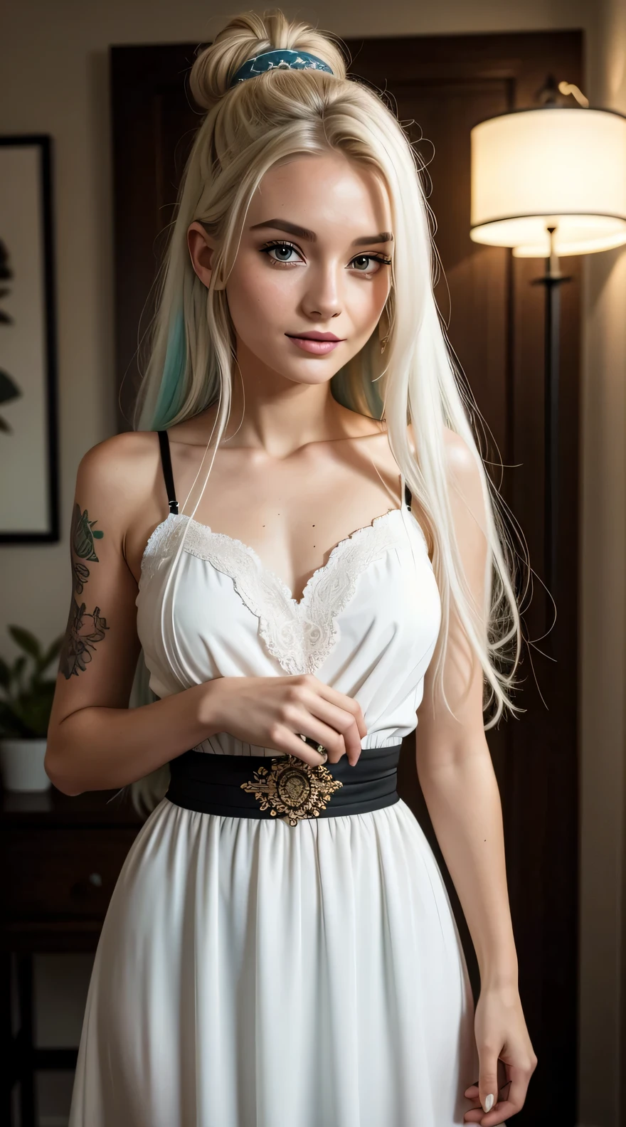 Malaysian tattooed girl, sehr langes, Green, shiny hair with a big topknot, Tragen Sie pastellrote florale Baju Kurung, Smileing, very long white hair, eine goldene Halskette tragen, Vorderansicht, sehr langes, welliges, white hair, Unordentliches Haar, Hair blow-dried, windig, Detail Haut, Altersfleck, Detailliertes Hautbild, Muttermal unter den Augen, kleine Brust, flache Brust, wide hips, schmale Taille, dicke Oberschenkel, Slim abs, beautiful body, Morgen, lachend, happy, Helle Beleuchtung, Menschen im Hintergrund, Portrait
