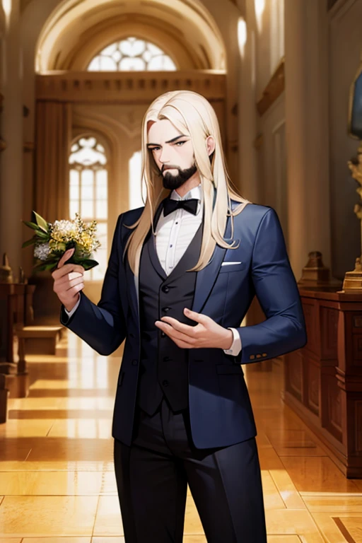 A muscular blonde haired man with blue eyes with long hair and a dark beard is wearing a fancy suit in the great hall