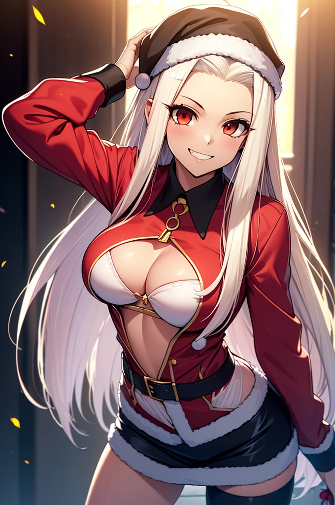 gran calidad ++ Extremely detailed high resolution, very aesthetic, ojos expresivos, (((Cara perfecta))), (((face symmetrical))), ((good anatomy)), (((manos perfectas))), (((8k))), UHD, Fondo de pantalla HD, (((alta calidra detallada, (((1girl))), (((Irisviel von Einzbern))), ((((smile)))), (((Milficación))), (((hembra maduchos gigantescos))), (((hombros estrechos))), (((pechos grandes))), (((cintura estrecha))), (((usando un atuendo de Santa Claus con+sosteniendo una bolsa de regalo))), Dedos detallados, Dedos precisos, Manos no antinaturales, strange eye, ojos rojos, escote, colas gemelas de pelo negro,
