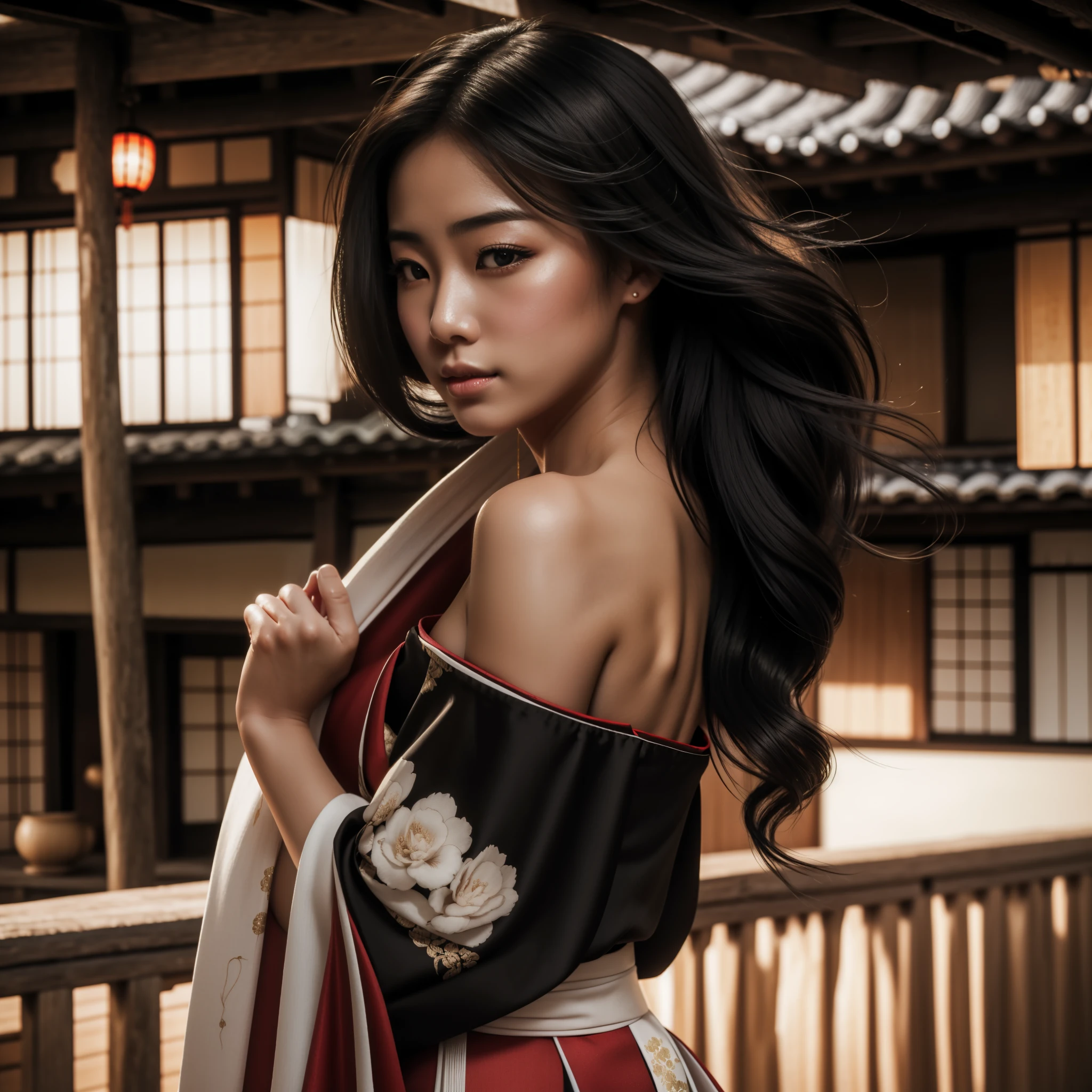 A beautiful Japanese woman, with flowing black hair, full lips, beautiful eyes, silky skin, wearing a beautiful sensual kimono with bare shoulders, posing, looking over her shoulder with a sexy look, on the porch of a traditional house, with traditional houses Japanese women in the background, beautiful sensual woman from hyperrealistic feudal Japan, a hot photorealistic geisha posing, a beautiful young girl with intricate details.
