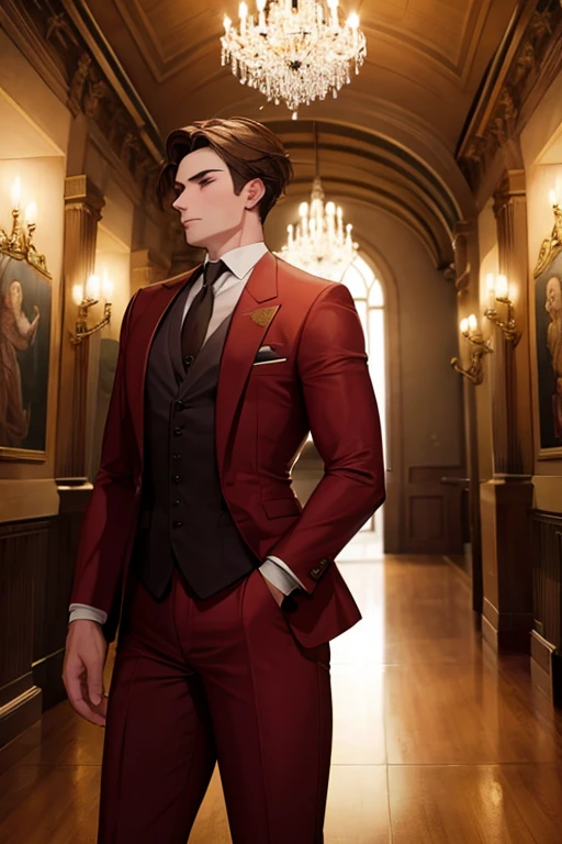 A muscular brown haired man with red eyes is wearing a fancy suit in the great hall
