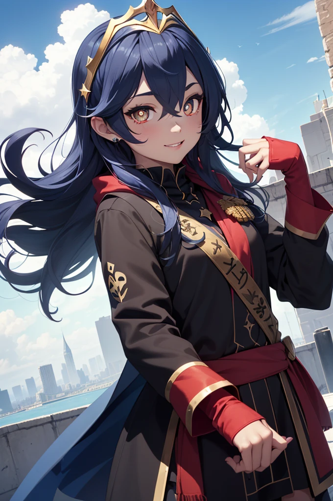 gran calidad ++ Extremely detailed high resolution, very aesthetic, ojos expresivos, (((Cara perfecta))), (((face symmetrical))), ((good anatomy)), (((manos perfectas))), (((8k))), UHD, Fondo de pantalla HD, (((alta calidra detallada, (((1girl))), (((Lucina))), (((symbol-shaped pupils))), (((tiara))), (((long sleeves))), (((cuffelt))), (((fingerless gloveulll body))), (((blue sky))), (((clouds))), (((smile))), (((Milficación))), (((hembra maduchos gigantescos))), (((hombros estrechos))), (((pechos grandes))), (((cintura estrecha))), (((usando un atuendo de Santa Claus con+sosteniendo una bolsa de regalo))), Dedos detallados, Dedos precisos, Manos no antinaturales, strange eye, ojos rojos, escote, colas gemelas de pelo negro,