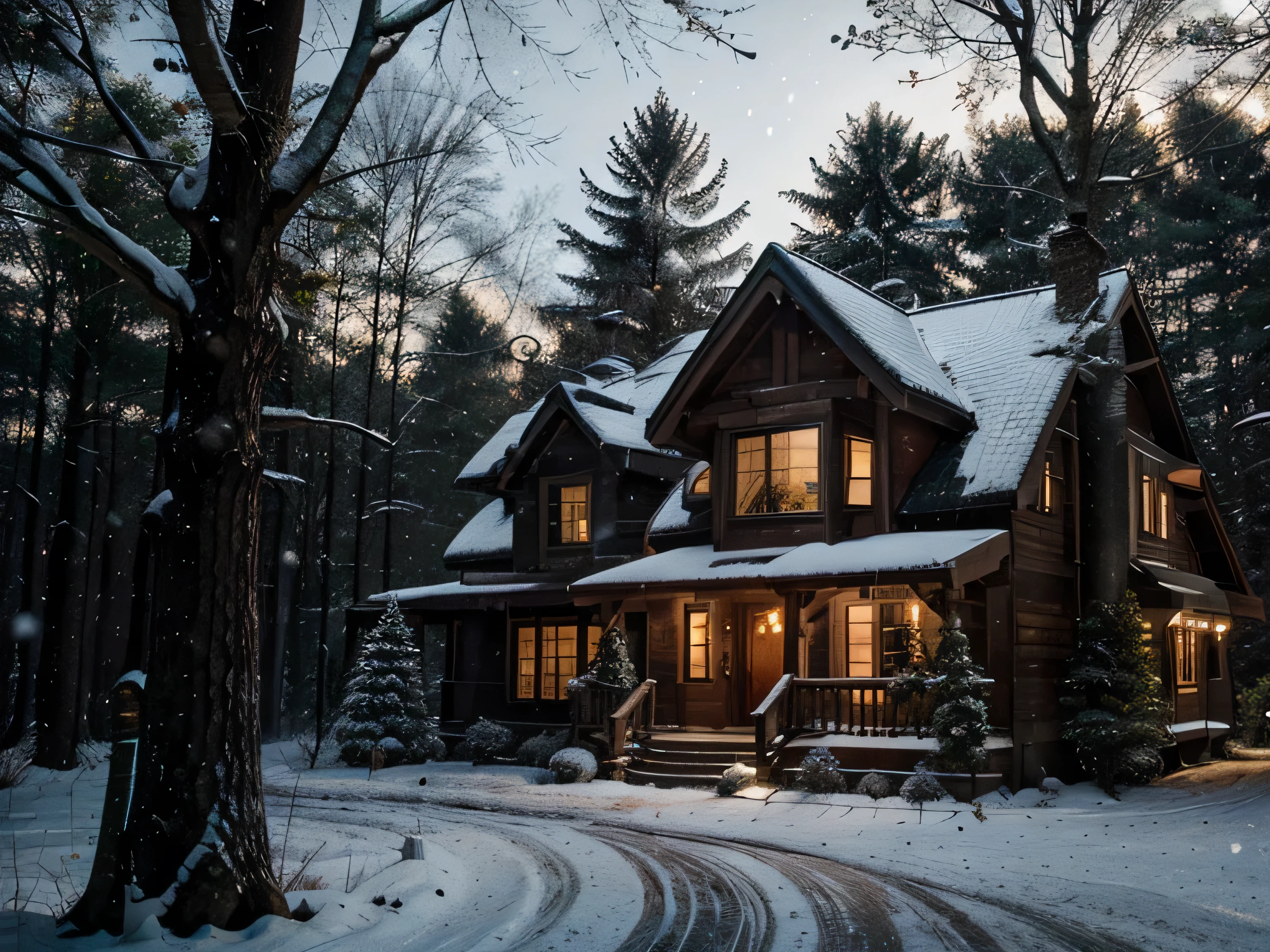 Farmhouse style house in the forest at winter, dense forest, winter time, (( at night )), colorful christmas lights on the house,  its snowing