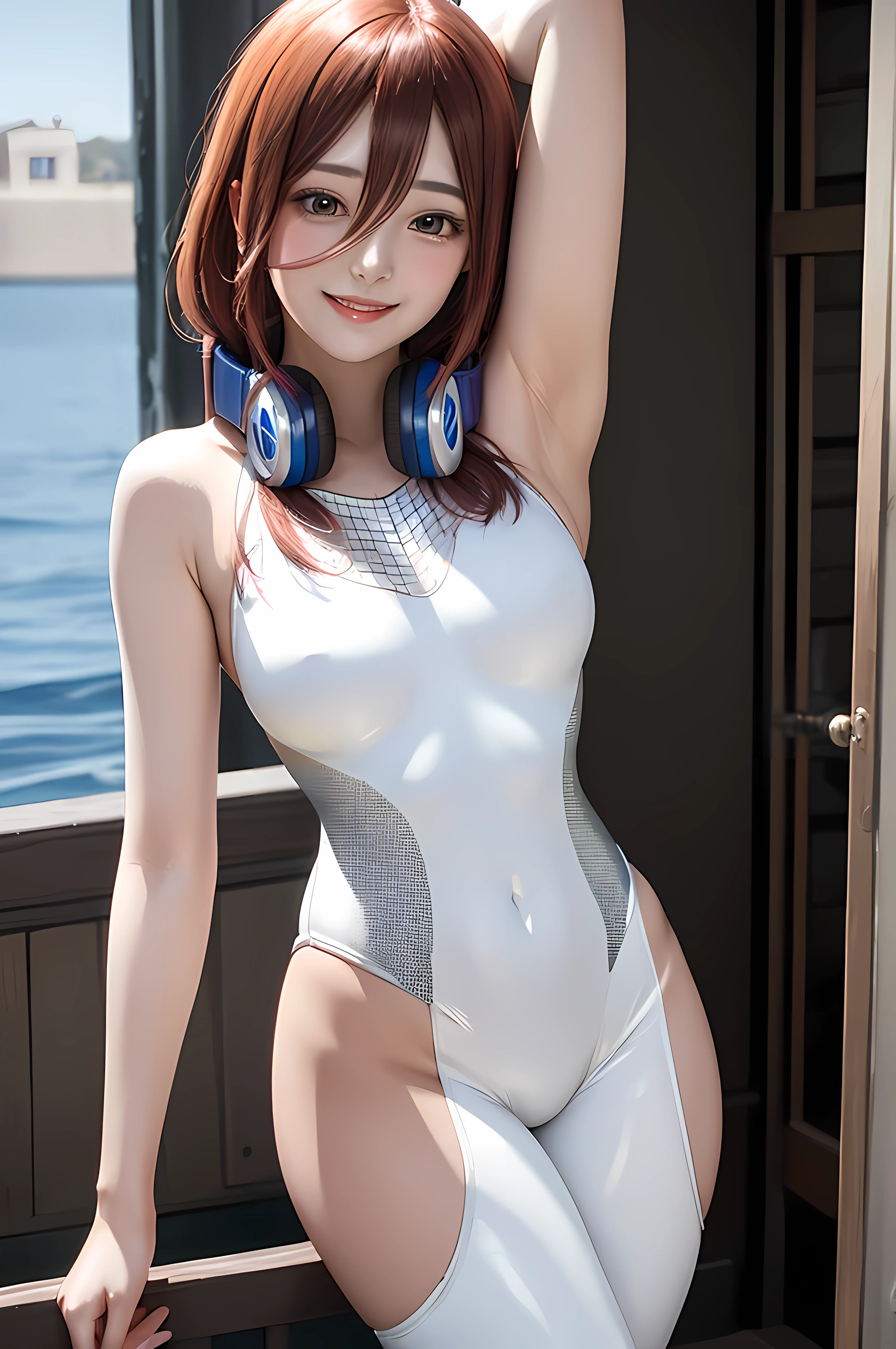 「A beautiful woman with a bright smile wearing a white metallic spider suit。you can see her armpits、She exudes an innocent and charming charm。」, ( Miku),( anatomy perfect,Solo), ocean,