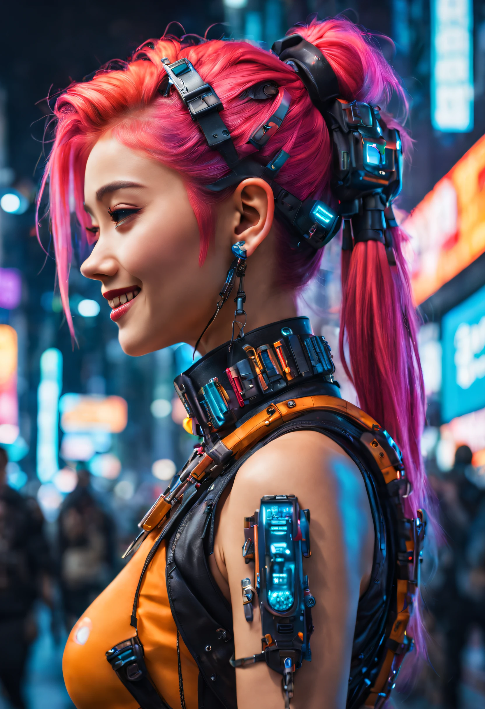 masterpiece, best quality, ((smiling)) cyberpunk girls standing, side view, Harajuku-inspired cyberpunk body harness, bold colors and patterns, eye-catching accessories, trendy and innovative hairstyle, dazzling Cyberpunk cityscape, skyscrapers, glowing neon signs, LED lights, anime illustration, detailed skin texture, detailed cloth texture, beautiful detailed face, intricate details, ultra detailed, cinematic lighting, strong contrast. INFO