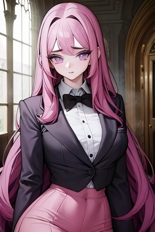 A pink haired man with violet eyes with long hair is wearing a fancy suit in the great hall