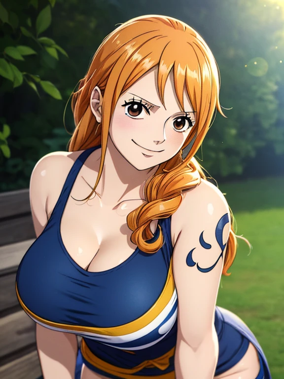 NSFW,(ANIME ART STYLE) nami (ONE PIECE), with long orange hair, brown eyes, wearing sucubus clothes , (wano arc) blush face, seductive smiling,nsfw,the overall vibe should be playful and fun,((best quality, high details):1.4), ((nsfw):1.4),show tits,seductive pose