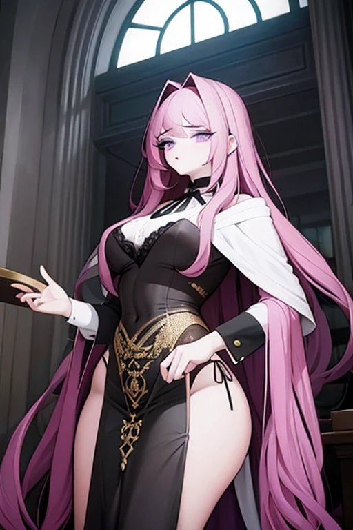 A pink haired man with violet eyes with long hair is wearing a fancy suit in the great hall