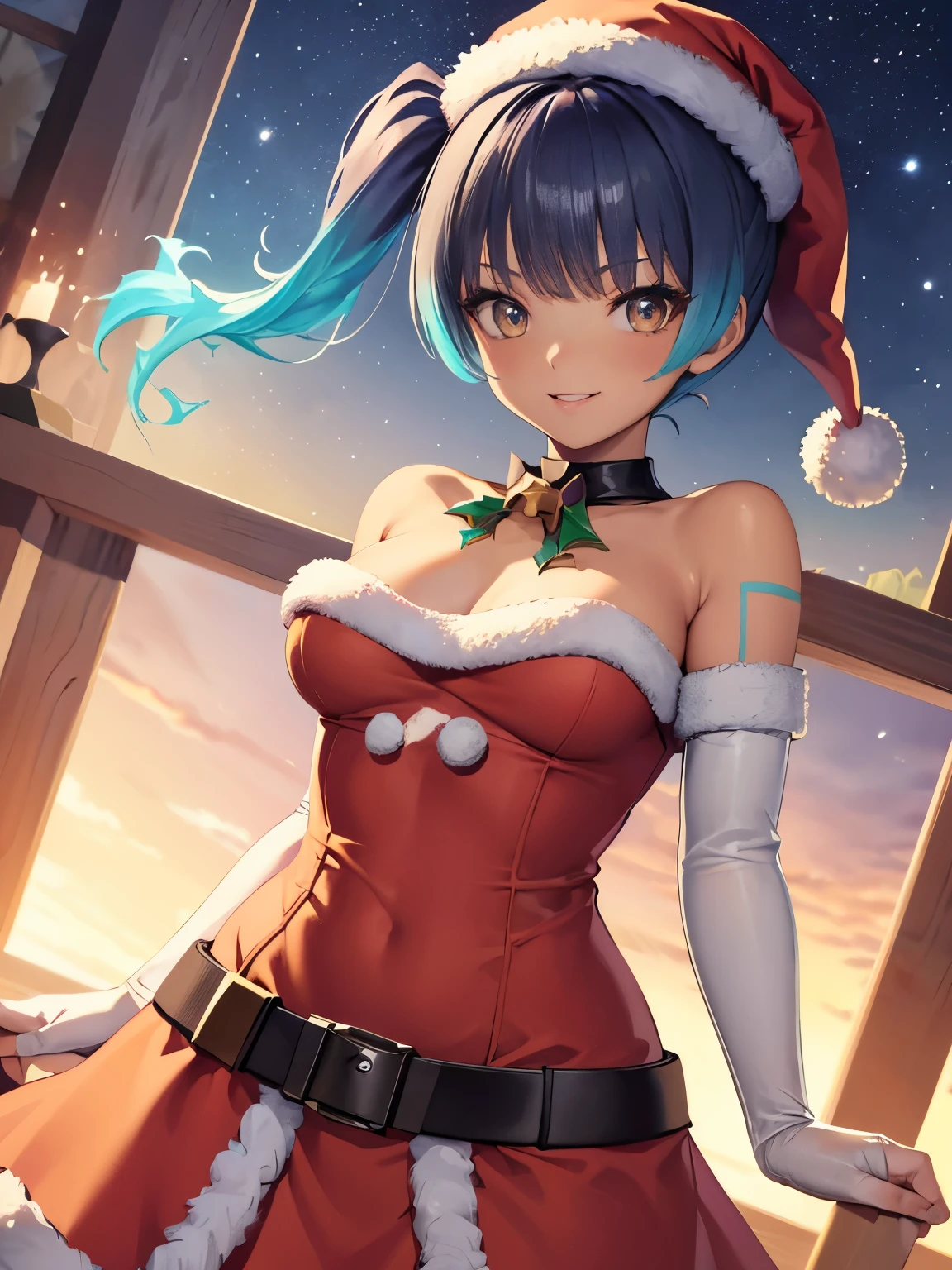 1girl, solo, masterpiece, best quality, high res, highly detailed, (illustration), beautiful detailed eyes,sena \(xenoblade\), glossy lips, makeup, smile, long white satin elbow gloves, cowboy shot, (santa), red santa dress, santa hat, strapless dress