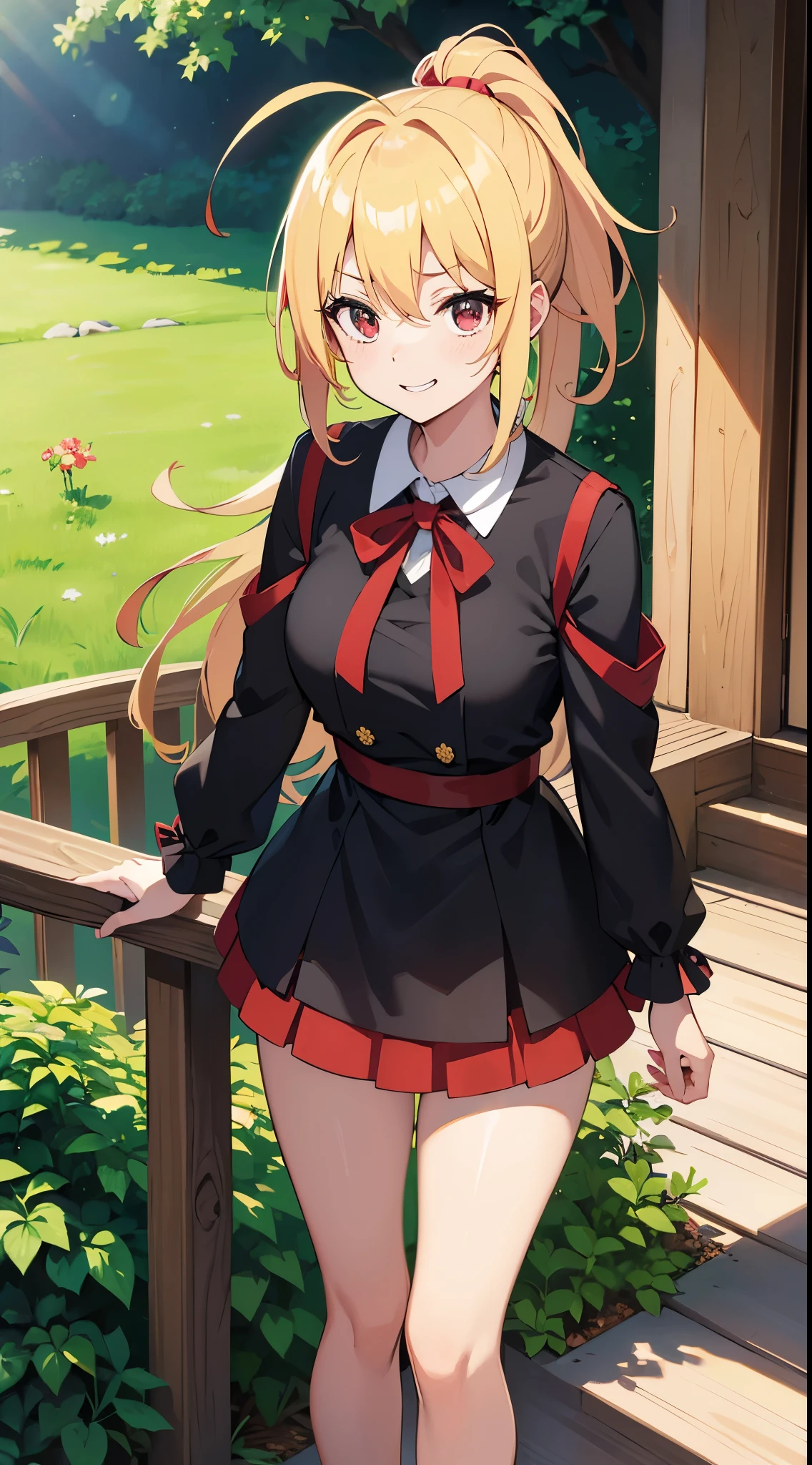 (masutepiece:1.3), (Best Quality:1.3), High resolution, 

Leaning forward, (Holding:1.1), body facing forward, 

(One Cute Girl:1.3), Solo, 
Blonde ponytail、Ahoge、big round red eyes、small tits, Beautiful hair,  Beautiful detailed eyes, 

A slight smil、Laugh、 

Black Riders Jacket:1.1、Red shirt、a black skirt, 

Outdoors, Flower Garden, Natural park, 

Shadow lighting,