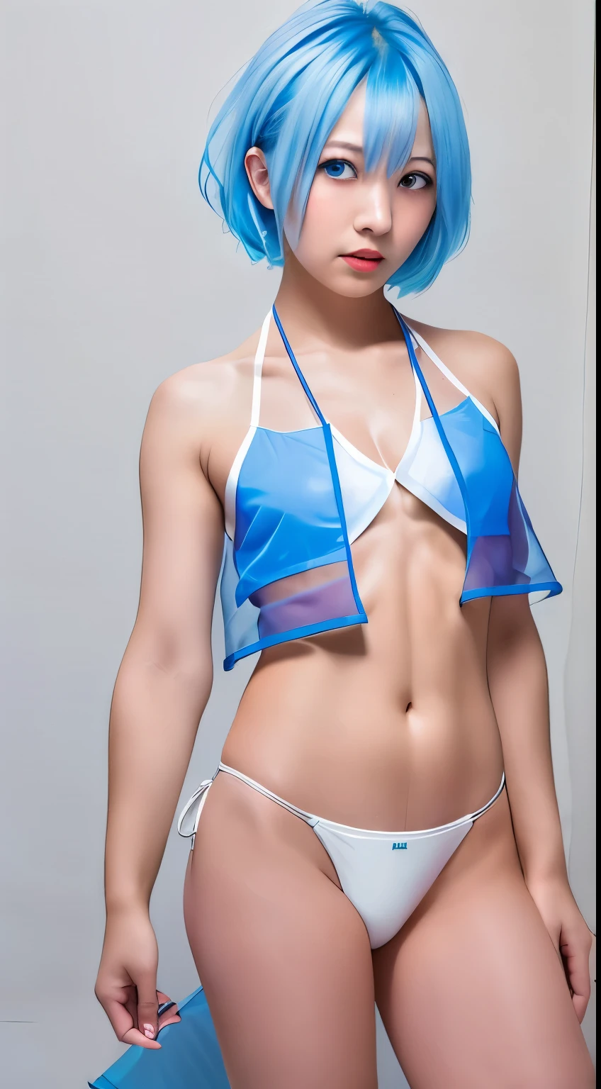 (nsfw:1.3), (8k, RAW photo, best quality, masterpiece: 1.4), ultra high definition, (realistic, photorealistic: 1.48), 20 yrs old, cute girl, (see-through white Ultra micro bikini:1.48), (flat chest:2), Japanese famous actor, (blue hair:1.4), short hair, (hair over one eye:1.3), blue eyes, head tilt, cowboy shot, from the side, looking at viewer, expressionless, beautiful lake, whole body, foot, super wide angle, Zeiss 150mm f/ 2.8 Hasselblad