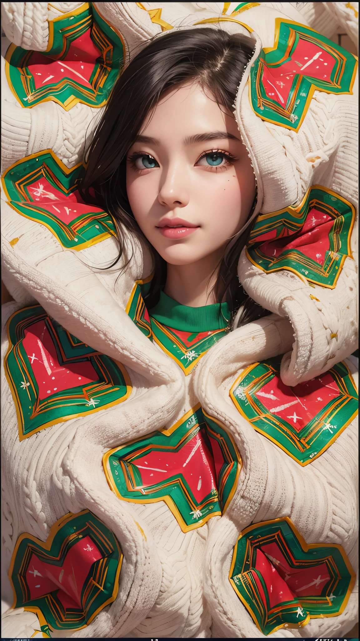 (Realistic:1.8), (Digital art:0.2), (Geometrical art, official art, beautiful and aesthetic, ultra detailed, beautiful, masterpiece, best quality:1.6), (1girl:1.2), Detailed face, Detailed eyes, Detailed hair, young fingers, Detailed fingers, five fingers, sitting,
_
BREAK cute ig model, Japanese cute model, 22 years old, Tightened all body, small head, small face, small mouth, diamond Face, small nose, Sharp Faceline, (dropy eyes, Double eyelid, Light color eyes, Glossy eyes, Shiny eyes:1.2), Shiny skin, shiny hair, BLACK hair,
_
BREAK (happy, smile, Teeth, Glossy Lipeautiful Teeth, (upper body:1.5), from front,
_
BREAK (oversize, christmas paint sweatshirt:1.2), body paint,