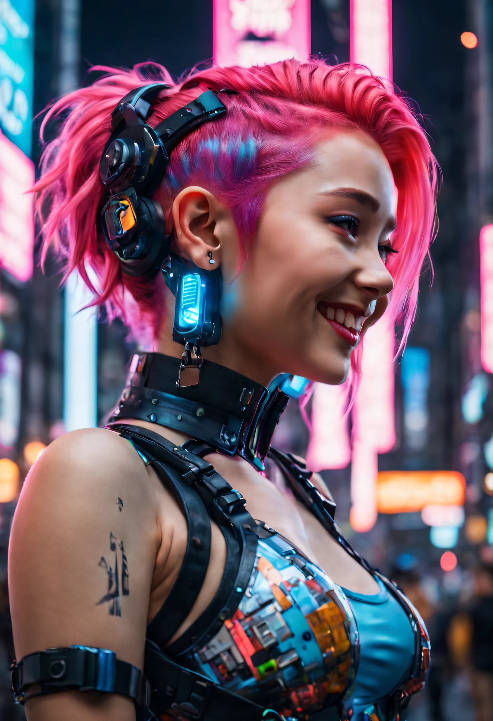 masterpiece, best quality, ((smiling)) cyberpunk girls standing, side view, Harajuku-inspired cyberpunk body harness, bold colors and patterns, eye-catching accessories, trendy and innovative hairstyle, dazzling Cyberpunk cityscape, skyscrapers, glowing neon signs, LED lights, anime illustration, detailed skin texture, detailed cloth texture, beautiful detailed face, intricate details, ultra detailed, cinematic lighting, strong contrast. INFO