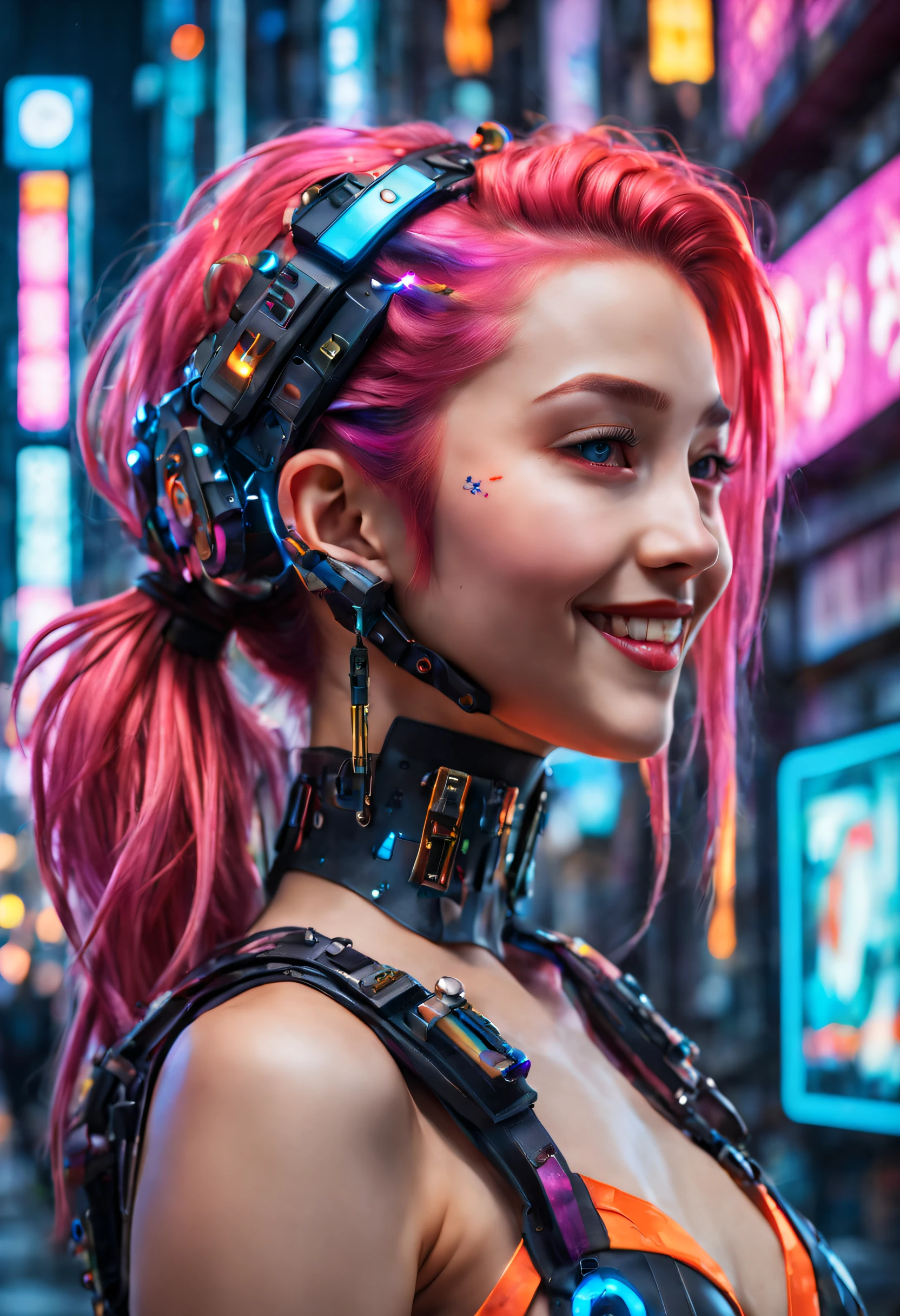 masterpiece, best quality, ((smiling)) cyberpunk girls standing, side view, Harajuku-inspired cyberpunk body harness, bold colors and patterns, eye-catching accessories, trendy and innovative hairstyle, dazzling Cyberpunk cityscape, skyscrapers, glowing neon signs, LED lights, anime illustration, detailed skin texture, detailed cloth texture, beautiful detailed face, intricate details, ultra detailed, cinematic lighting, strong contrast. INFO