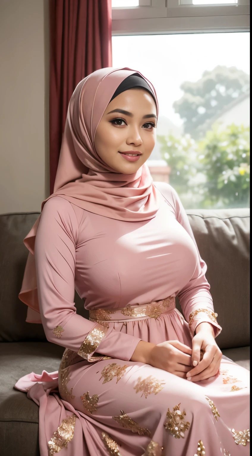 (Close Up),RAW, Best quality, high resolution, masterpiece: 1.3), beautiful Malay woman in hijab,Masterpiece, perfect  fit body, ((Huge breast)), big gorgeous eyes, Soft smile,beautiful face,thick thighs, woman in a pink dress sitting in a living room, wearing pink floral gown, idian dress, modest flowing gown, full covered dress, long dress female, pink dress, pastel pink, full dress, dressed in a pink dress, frock, elegant dress, royal gown, wearing long gown, gown, ao dai, hijabi, she is smiling,Delicate turtleneck, shairband, afternoon walk, City garden, Excellent lighting, Bright colors, Clean lines