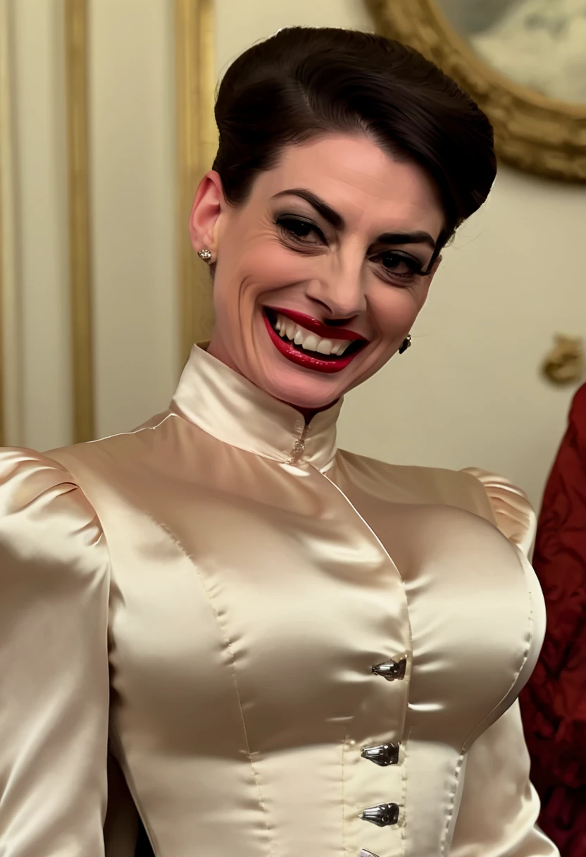 closeup shot, (angry evil dominatrix anne hathaway showing her clinched teeth in anger with flared nostrils and furrowed brows:1.2) in a (closed satin skintight silk buttoned mandarin collar blouse with large shoulder-pads and extremely tight corset and belt and satin cape:1.3), tight hairbun, silk gloves, large covered breasts, small waist, wide hips and torso, (insane wide eye stare:1.2), (muscular arms), subtle evil stare with flared nostrils, large shoulder-pads, extremely cinched small waist,