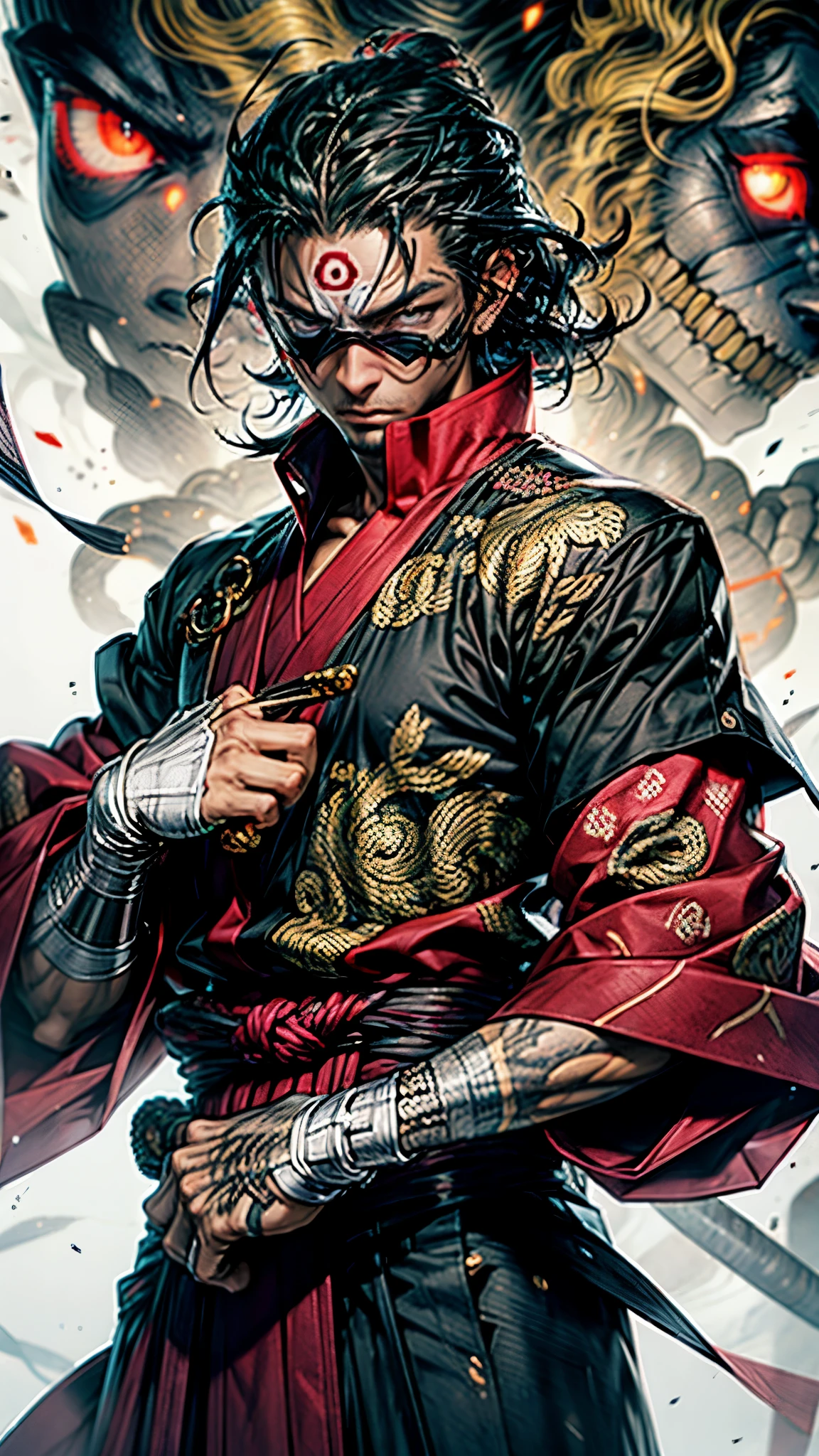 , arma, 1boy, black man, cabelo curto, foco masculino, espada, solo, roupa vermelha, roupas japonesas, segurando, segurando a arma, katana, segurando espada, bainha, , , mangas longas, , haori, , hakama, quimono, sheathed, corpo inteiro, fogo, em chamas em volta
,,