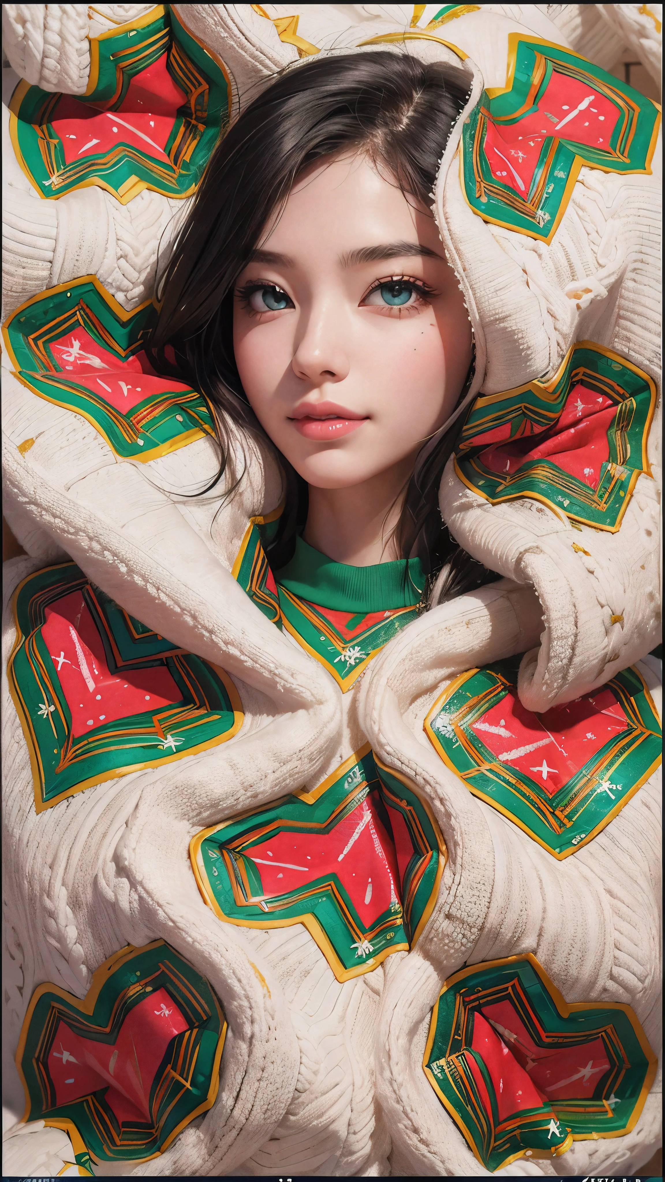 (Realistic:1.8), (Digital art:0.2), (Geometrical art, official art, beautiful and aesthetic, ultra detailed, beautiful, masterpiece, best quality:1.6), (1girl:1.2), Detailed face, Detailed eyes, Detailed hair, young fingers, Detailed fingers, five fingers, sitting,
_
BREAK cute ig model, Japanese cute model, 22 years old, Tightened all body, small head, small face, small mouth, diamond Face, small nose, Sharp Faceline, (dropy eyes, Double eyelid, Light color eyes, Glossy eyes, Shiny eyes:1.2), Shiny skin, shiny hair, BLACK hair,
_
BREAK (happy, smile, Teeth, Glossy Lipeautiful Teeth, (upper body:1.5), from front,
_
BREAK (oversize, christmas paint sweatshirt:1.2), body paint,