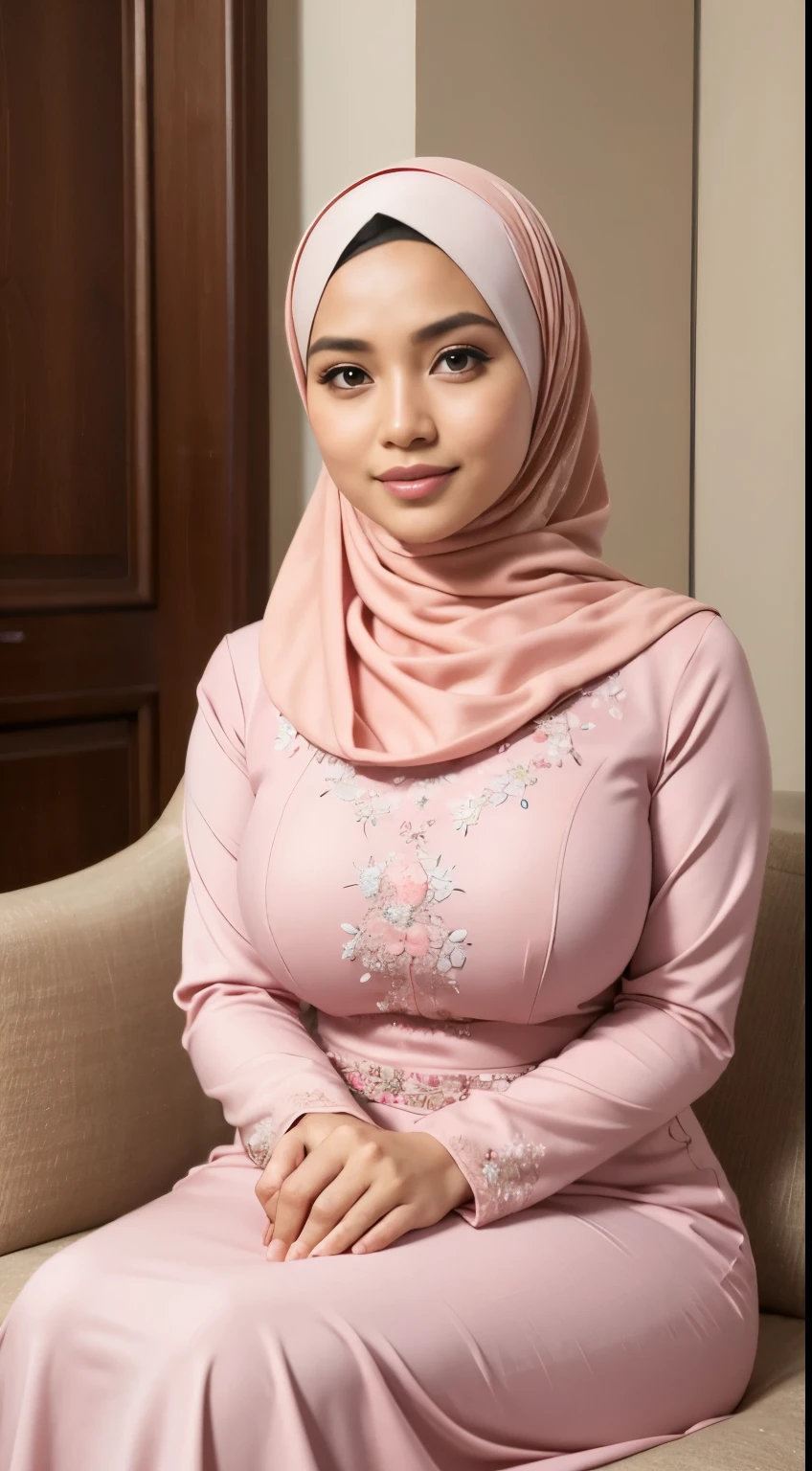(Close Up),RAW, Best quality, high resolution, masterpiece: 1.3), beautiful Malay woman in hijab,Masterpiece, perfect fit body, ((Huge breast)), big gorgeous eyes, Soft smile,beautiful face,thick thighs, woman in a pink dress sitting in a living room, wearing pink floral gown, idian dress, modest flowing gown, full covered dress, long dress female, pink dress, pastel pink, full dress, dressed in a pink dress, frock, elegant dress, royal gown, wearing long gown, gown, ao dai, hijabi, she is smiling,Delicate turtleneck, shairband, afternoon walk, City garden, Excellent lighting, Bright colors, Clean lines