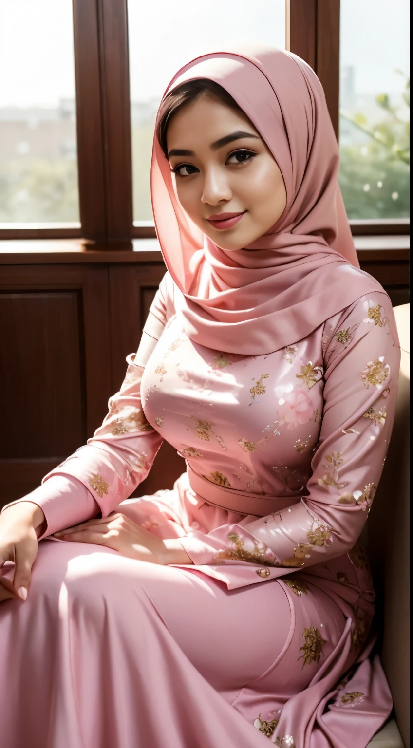 (Close Up),RAW, Best quality, high resolution, masterpiece: 1.3), beautiful Malay woman in hijab,Masterpiece, perfect fit body, ((Huge breast)), big gorgeous eyes, Soft smile,beautiful face,thick thighs, woman in a pink dress sitting in a living room, wearing pink floral gown, idian dress, modest flowing gown, full covered dress, long dress female, pink dress, pastel pink, full dress, dressed in a pink dress, frock, elegant dress, royal gown, wearing long gown, gown, ao dai, hijabi, she is smiling,Delicate turtleneck, shairband, afternoon walk, City garden, Excellent lighting, Bright colors, Clean lines